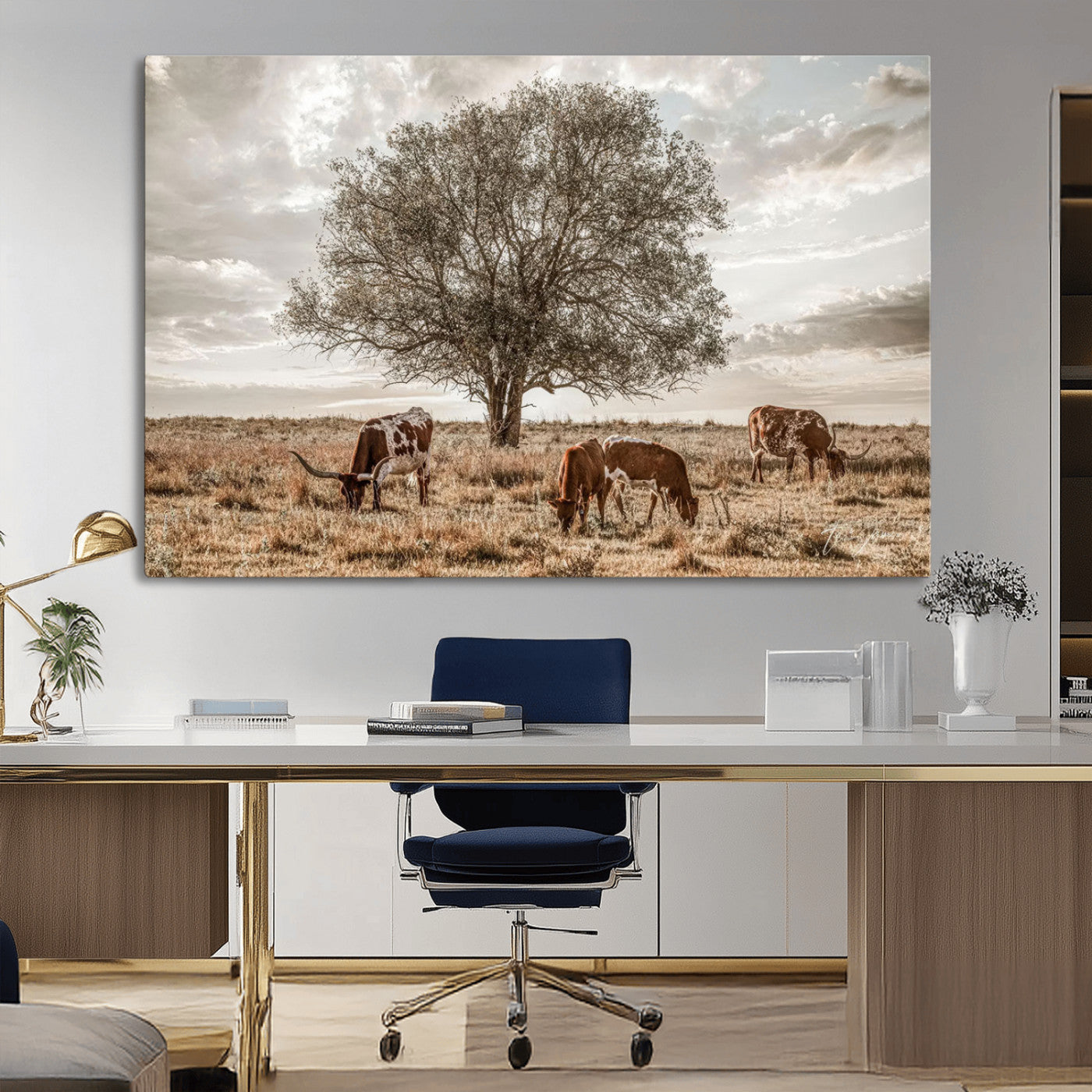 Texas Longhorn Cattle Wall Art Canvas Print – Rustic Western Ranch Scene with Steers at Sunset, Perfect for Farmhouse or Cowboy Decor