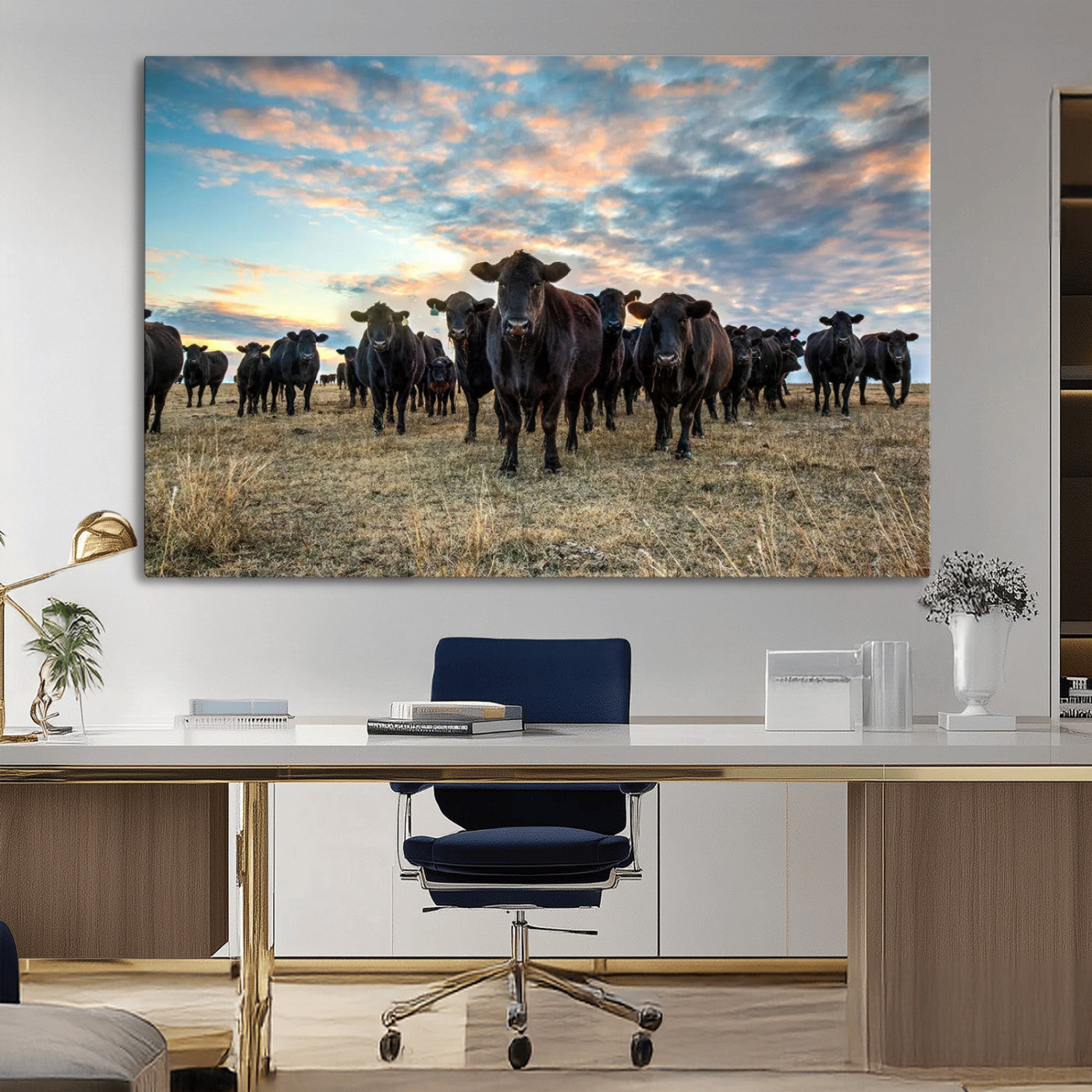 13867292-MGV-CV-36X24-Texas Longhorn Cattle Wall Art Canvas Print – Rustic Western Ranch Scene with Steers at Sunset, Perfect for Farmhouse or Cowboy Decor