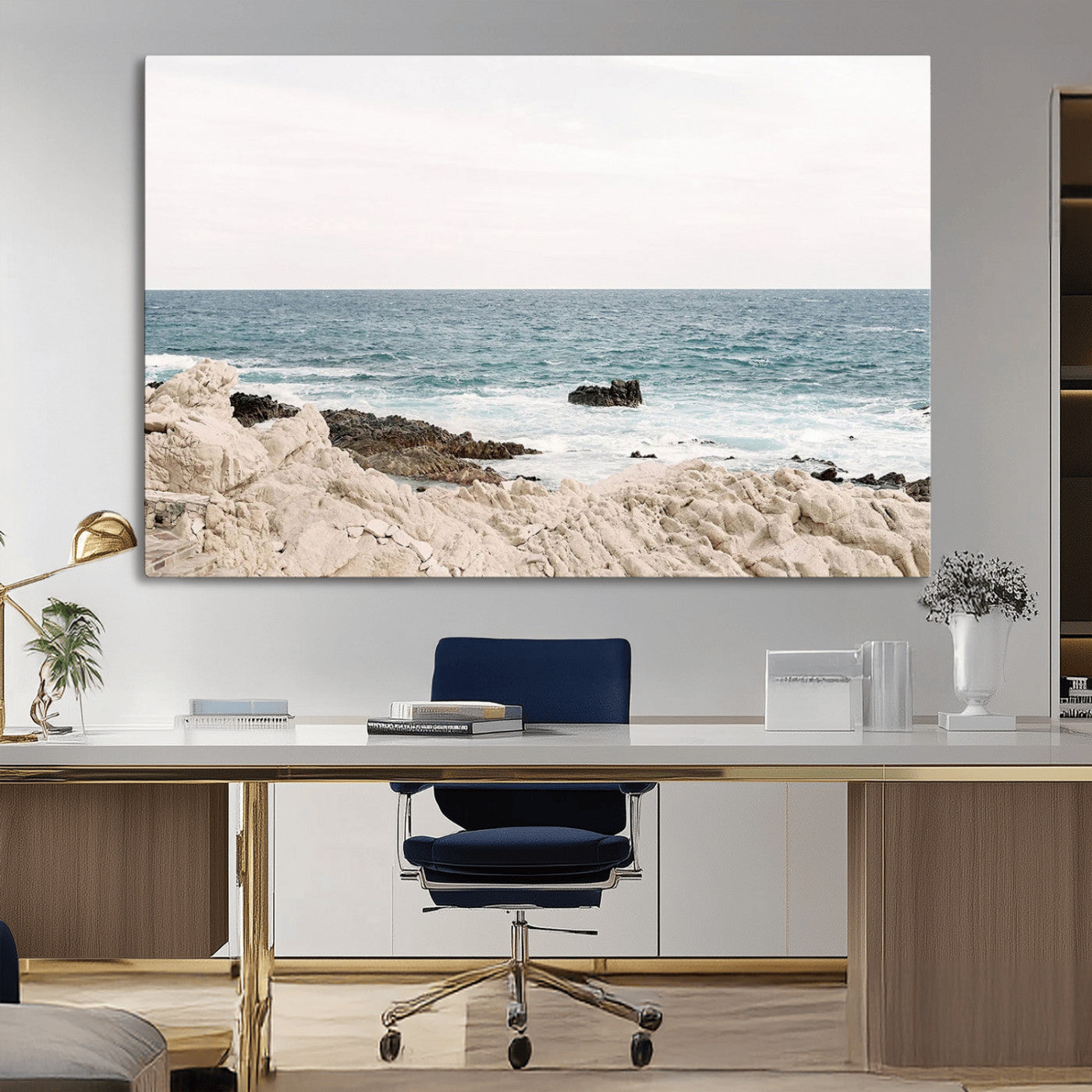 Coastal Ocean View Wall Art Canvas Print – Serene Rocky Shoreline and Blue Sea Photography for Coastal Chic or Minimalist Home Decor