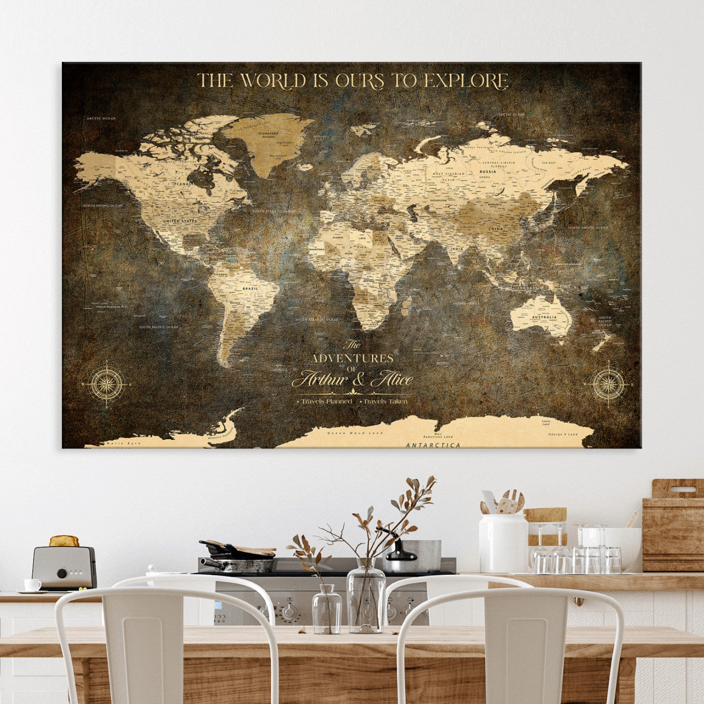 76675404-MGV-CV-36X24-Framed Push Pin World Travel Map – Canvas Wall Art for Tracking Adventures, Decorative Vintage Style Map with Pins for Home or Office - H1