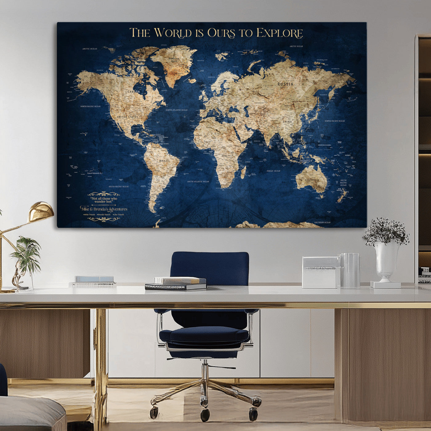 10181149-MGV-CV-36X24-Custom Push Pin World Map Wall Canvas Print – Personalized Travel Tracker with Pins – Framed Large