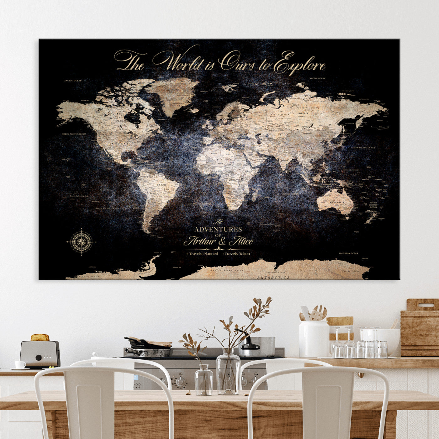 21010471-MGV-CV-36X24-Customize Push Pin World Map Wall Canvas Print, Personalized Travel Tracker with Pins, Framed Large Canvas for Home Office Decor - H37
