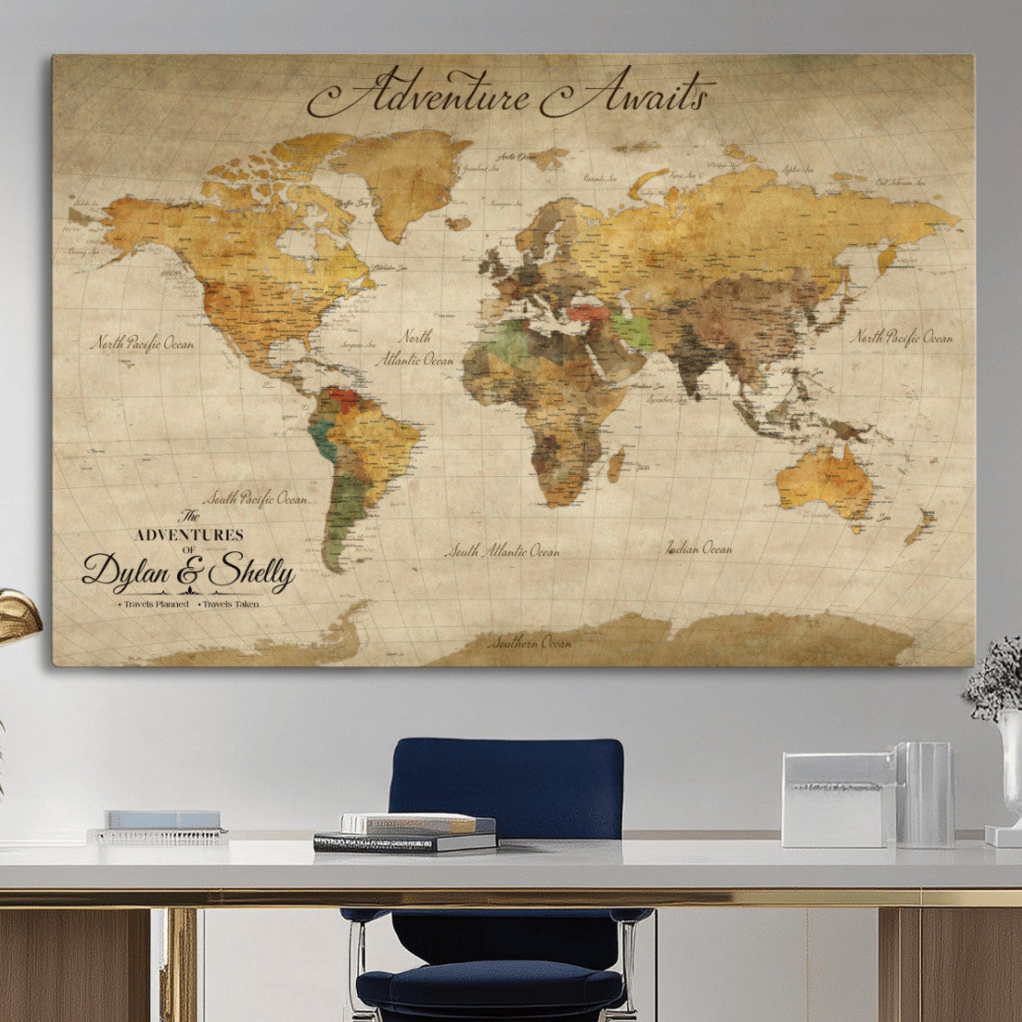 Rehber01-MGV-CV-36X24-Personalized World Map Canvas – Custom Framed Push Pin Travel Map Wall Art, Rustic Vintage Gift for Couples and Travel Lovers