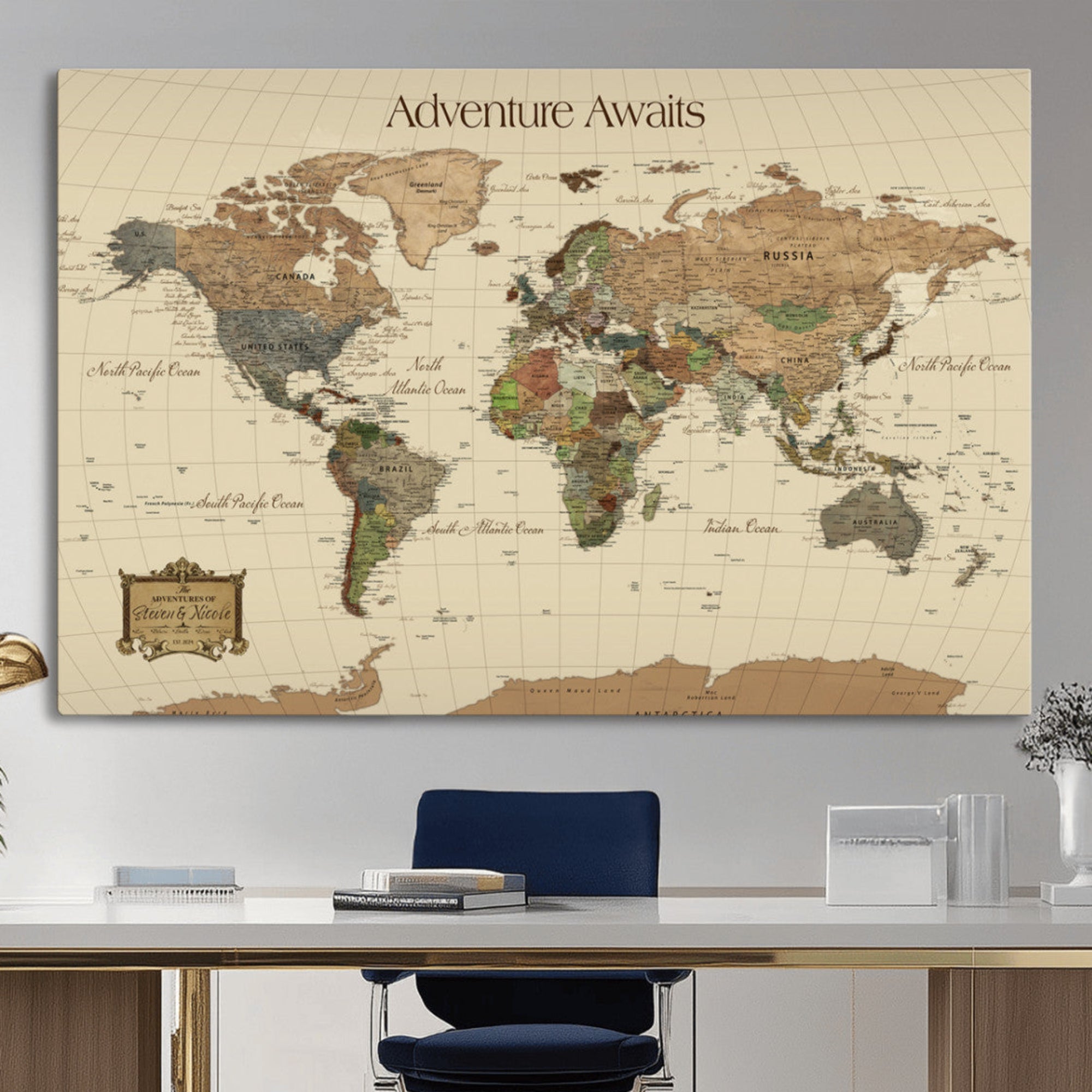 Rehber01-MGV-CV-36X24-Custom Push Pin World Map Wall Art Canvas Print – Personalized Travel Tracker Adventure Destination Gift for Home Office