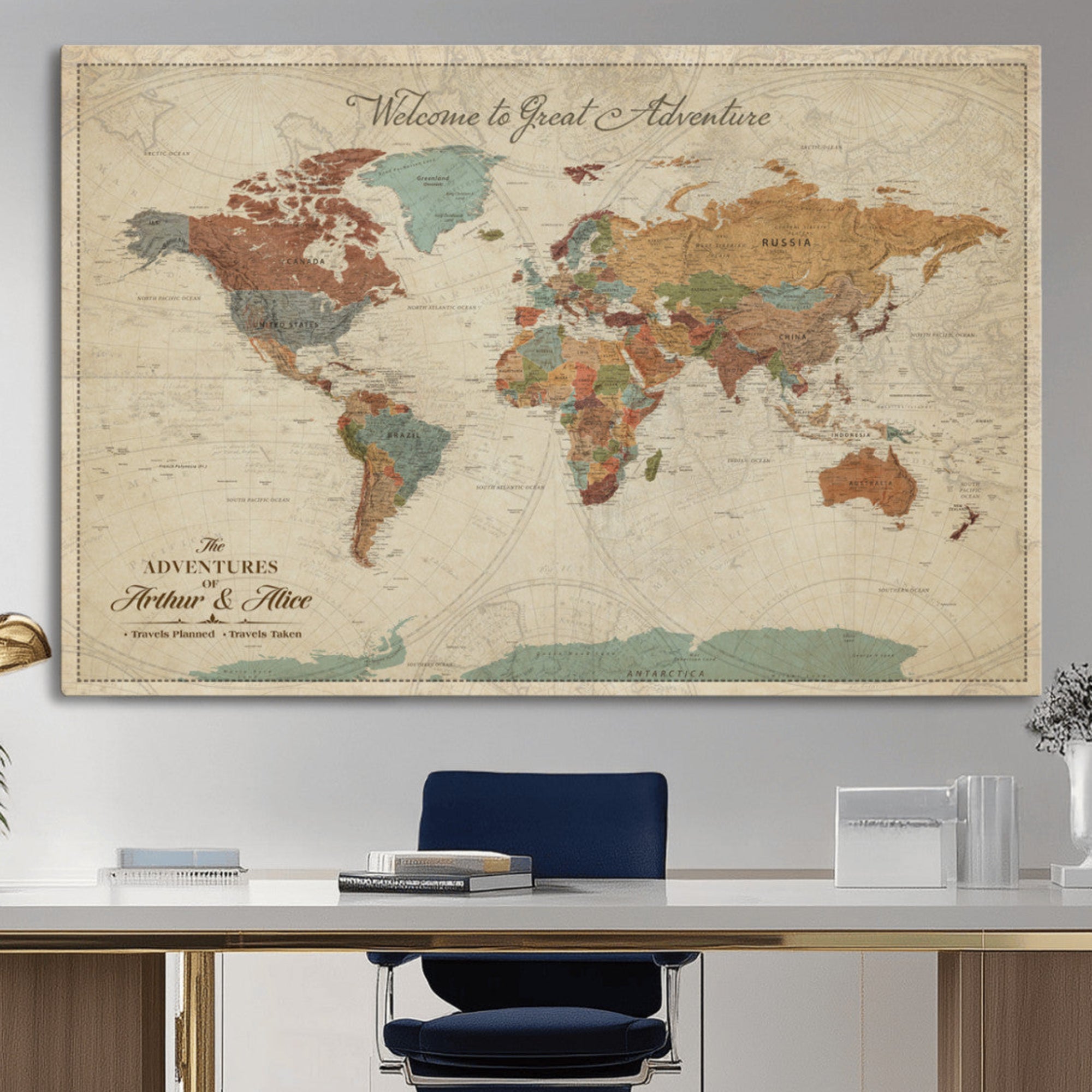 Rehber01-MGV-CV-36X24-Personalized Antique World Map Canvas Print – Custom Push Pin Travel Map Vintage Gift for Couples Explorers for Home, Office