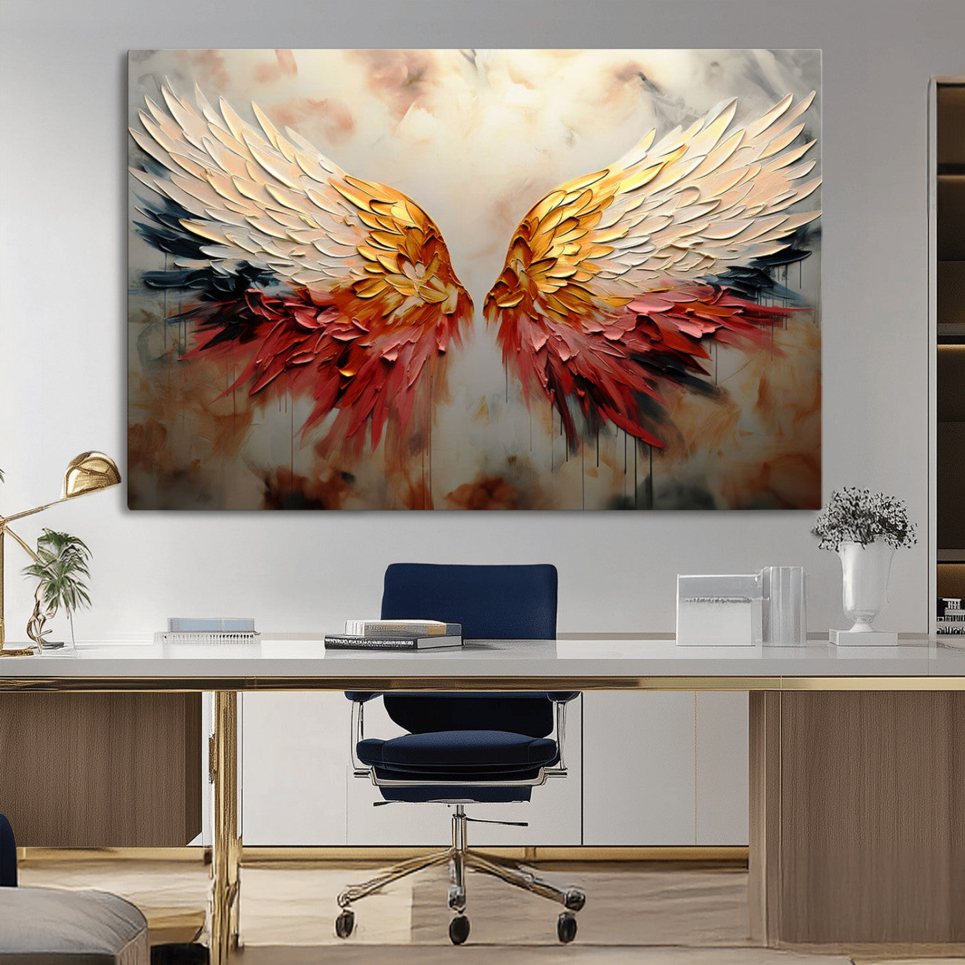 A stunning 3D-style painting of angel wings with vibrant gold, red, and black hues, creating a dramatic and striking visual effect.