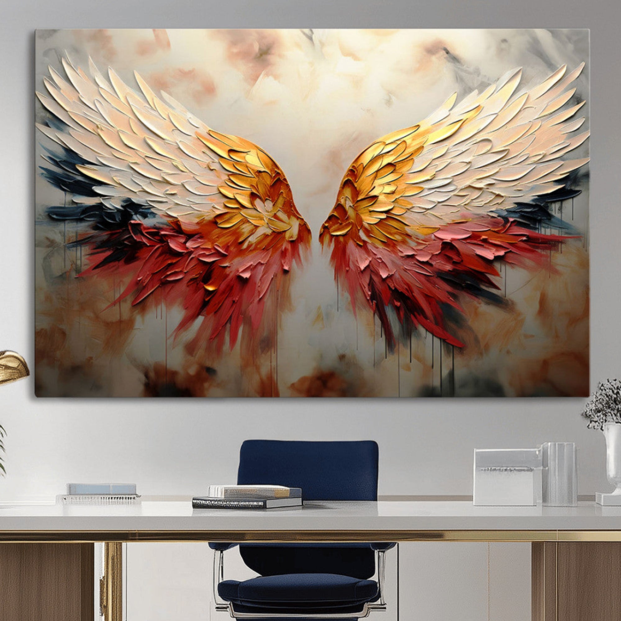 91020932-MGV-CV-36X24-Vibrant Angel Wings Wall Art Canvas Print – Gold Red Abstract Feathered Dreamy Spiritual Decor for Home, Office
