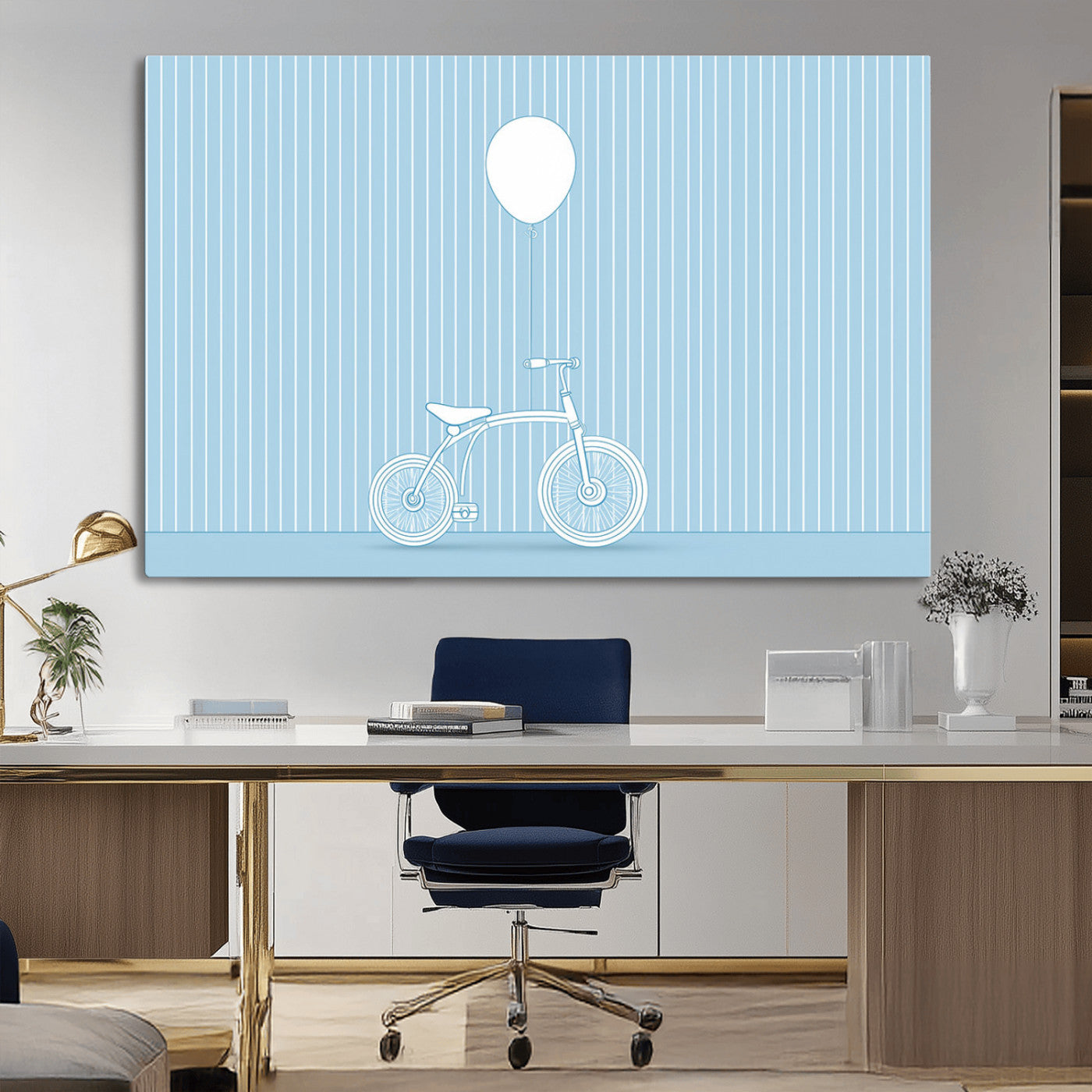 A minimalistic blue line drawing of a bicycle with a balloon floating above it, set against a soft striped background.