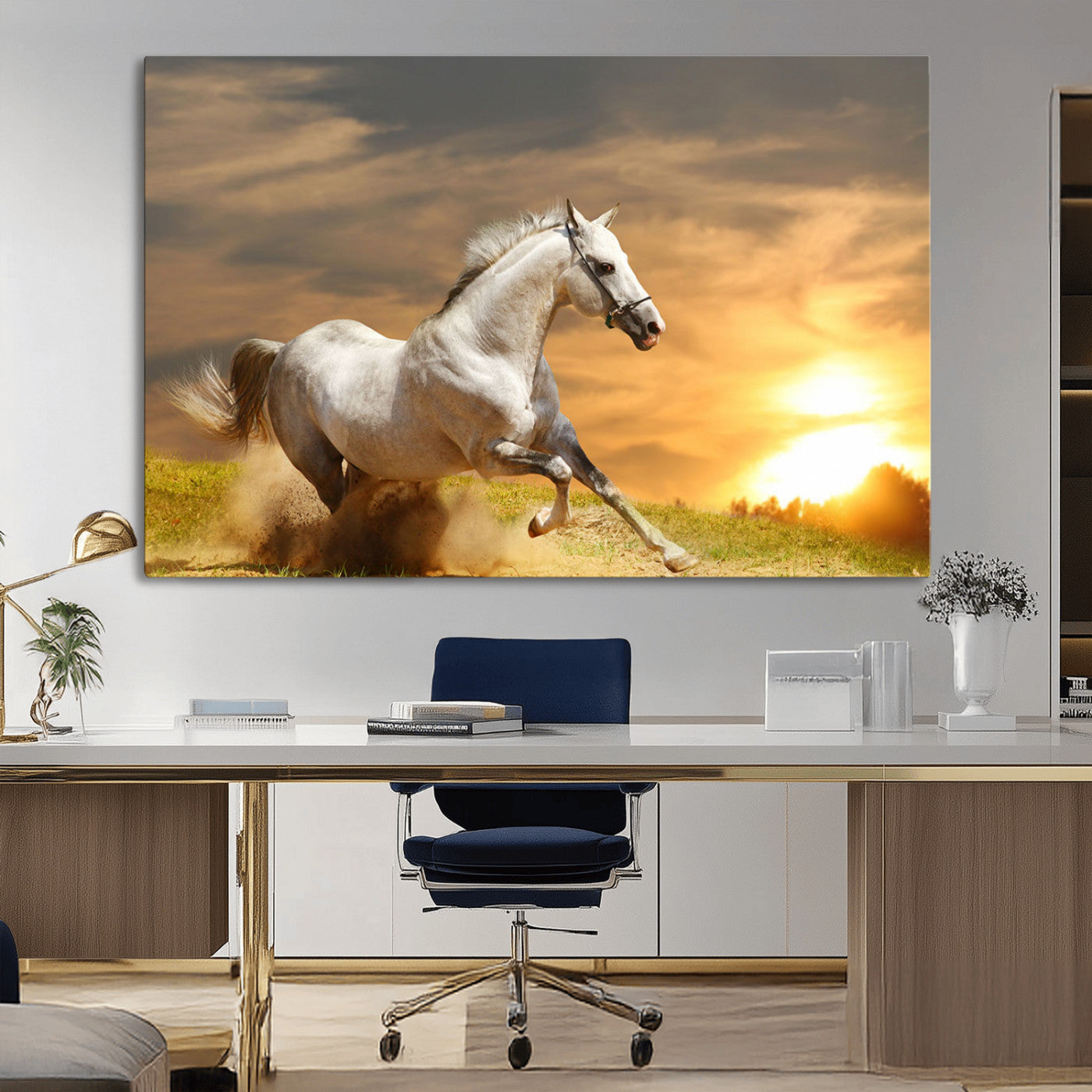 A powerful white horse galloping through the field at sunset, with the golden light illuminating its mane and the vibrant sky in the background.