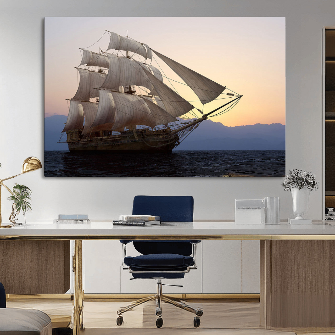 A majestic sailing ship with full sails, gliding through the ocean at sunset, with the soft glow of the sky casting a serene backdrop.