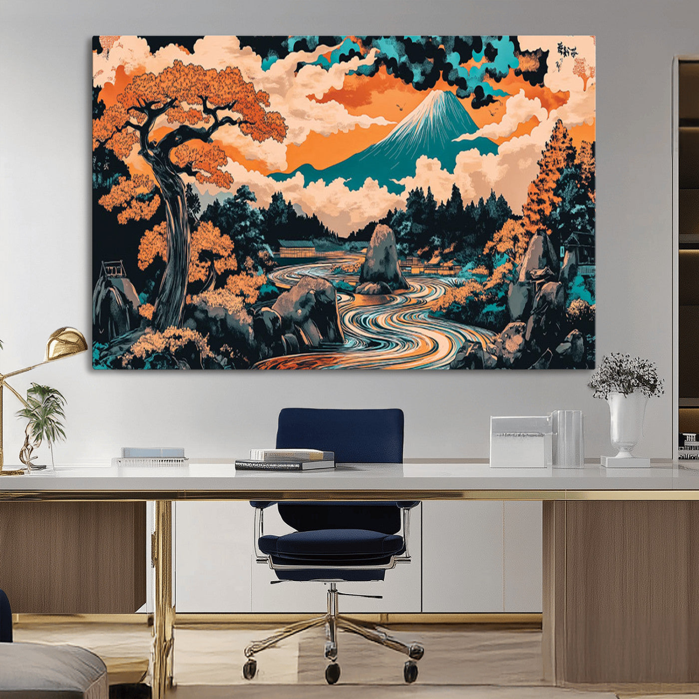 A vibrant Japanese-inspired landscape featuring Mount Fuji, a winding river, and autumn-colored trees under a dramatic sky, in bold and vivid hues.