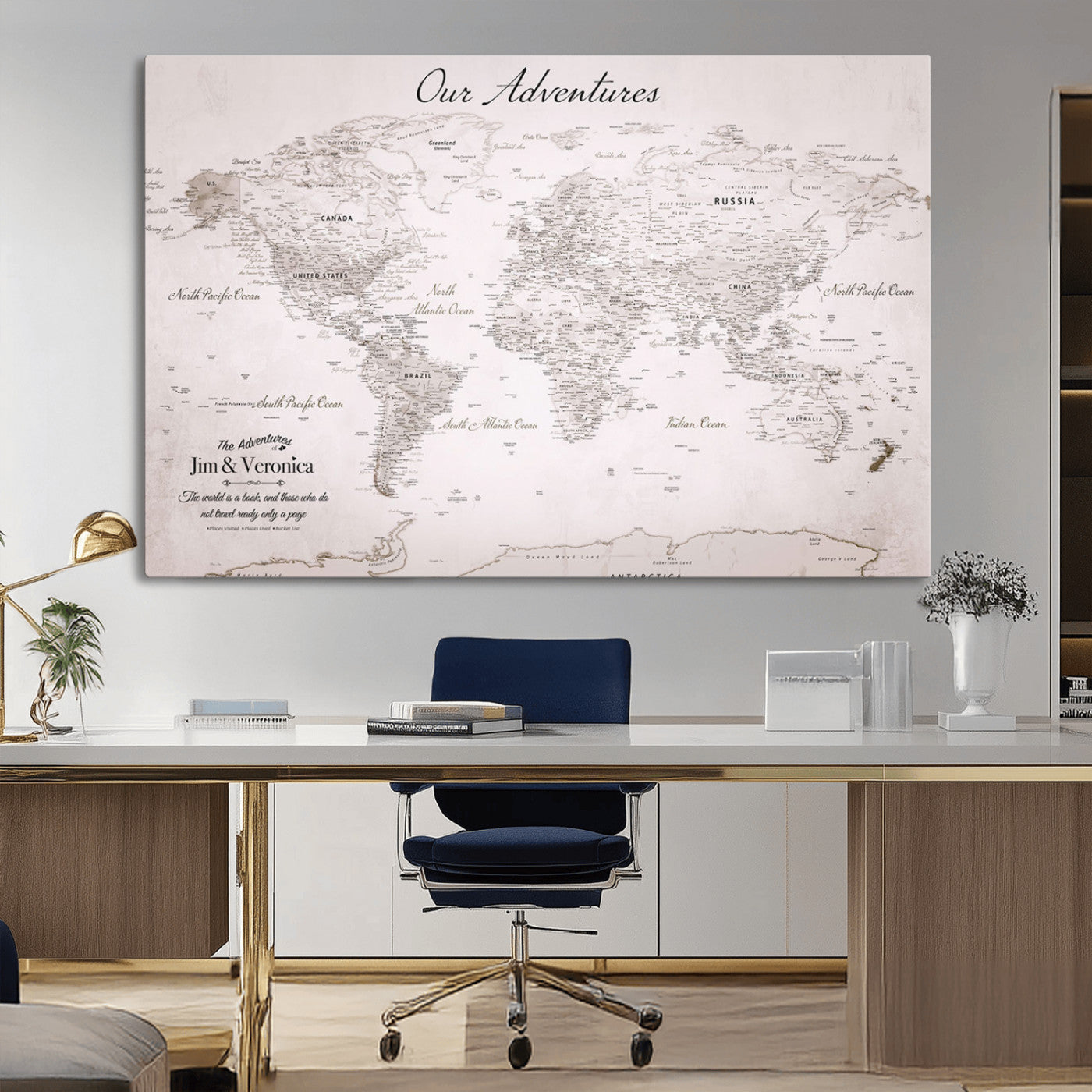 Customize Push Pin World Map Wall Canvas Print – Personalized Travel Map with Foam Pins – Framed Custom Quotie Canvas for Home Office Decor