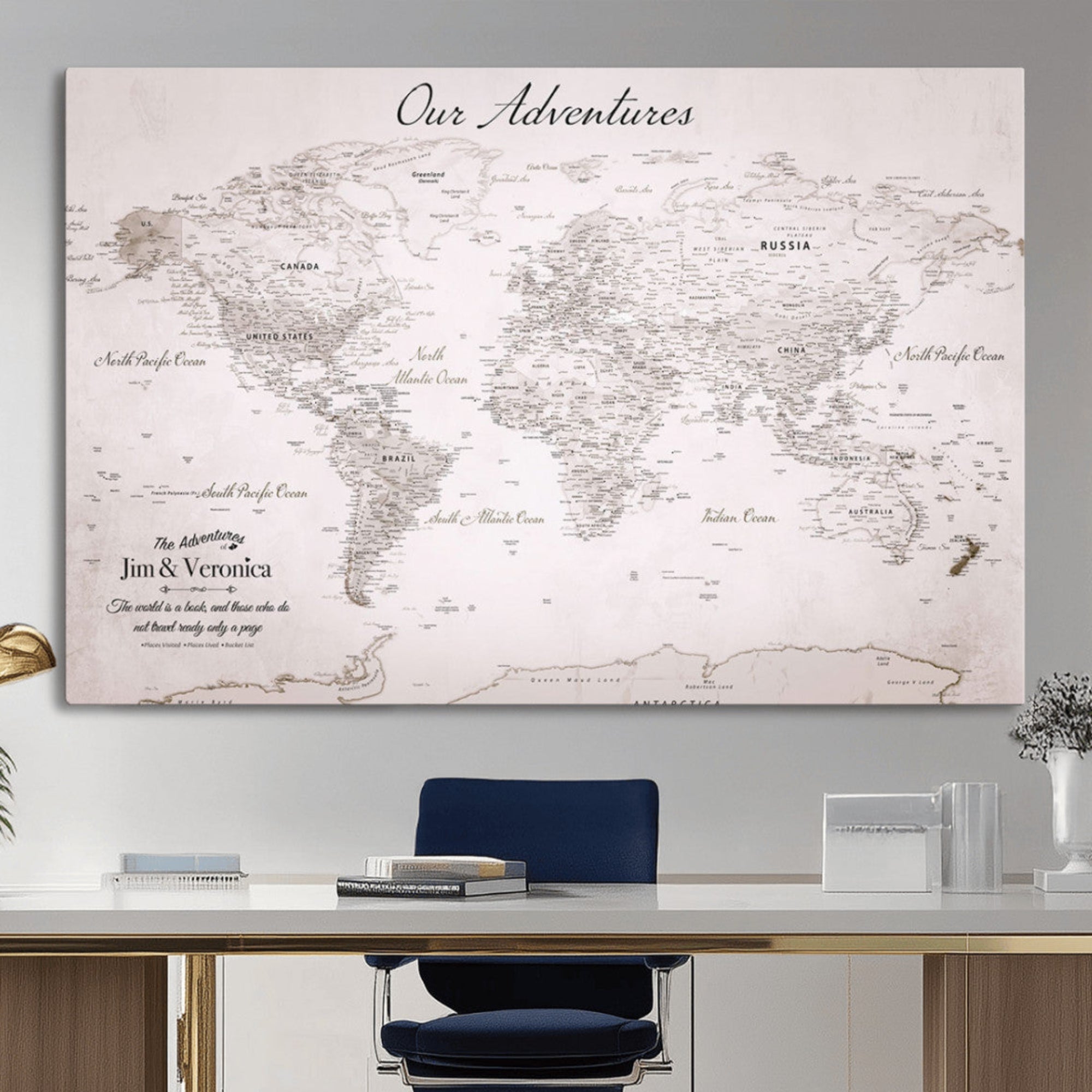 14561774-MGV-CV-36X24-Custom Push Pin World Map Wall Art – Personalized Travel Canvas Print with Foam Pins Framed Decor for Home, Office
