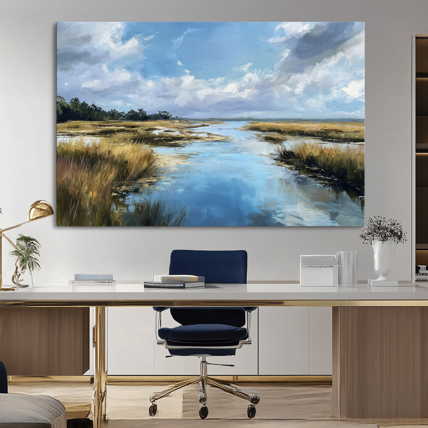 A beautiful, painterly landscape of a calm river winding through a marsh, with vibrant green grasses and a bright blue sky filled with fluffy clouds.