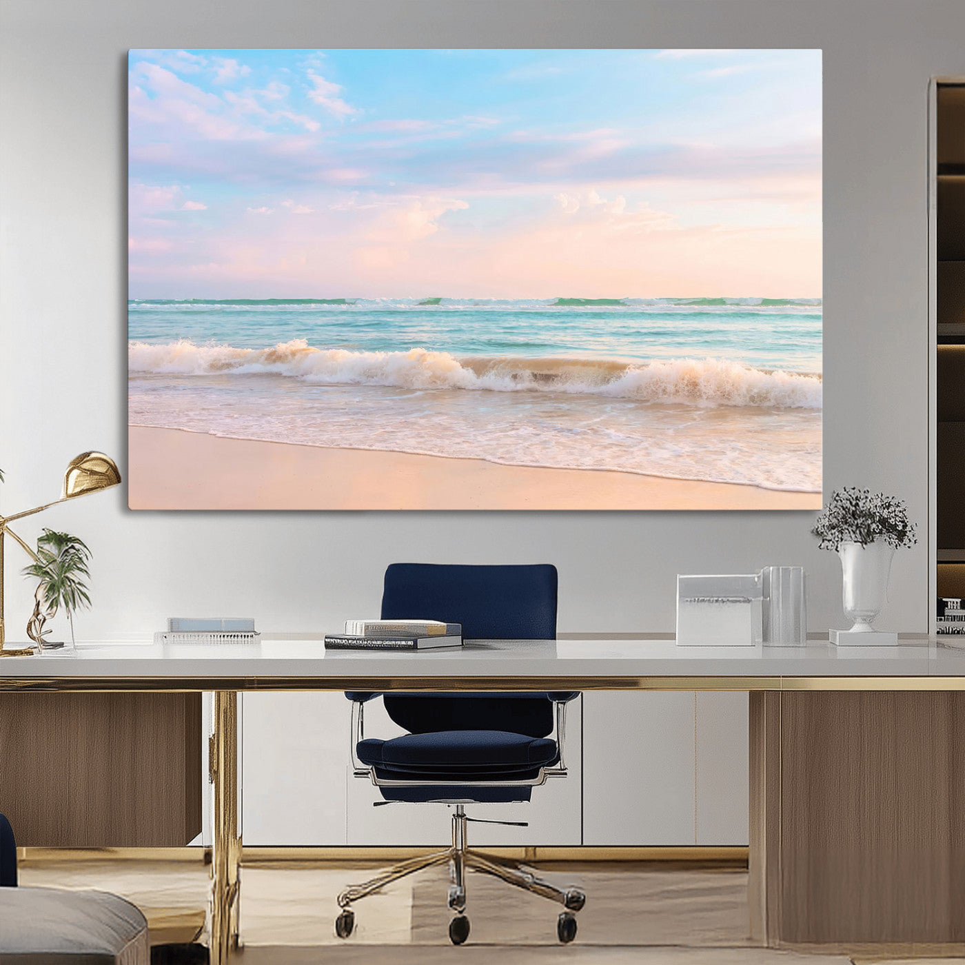 A peaceful beach scene with soft pastel skies, gentle waves washing up on the sandy shore, creating a calm and serene ocean view.