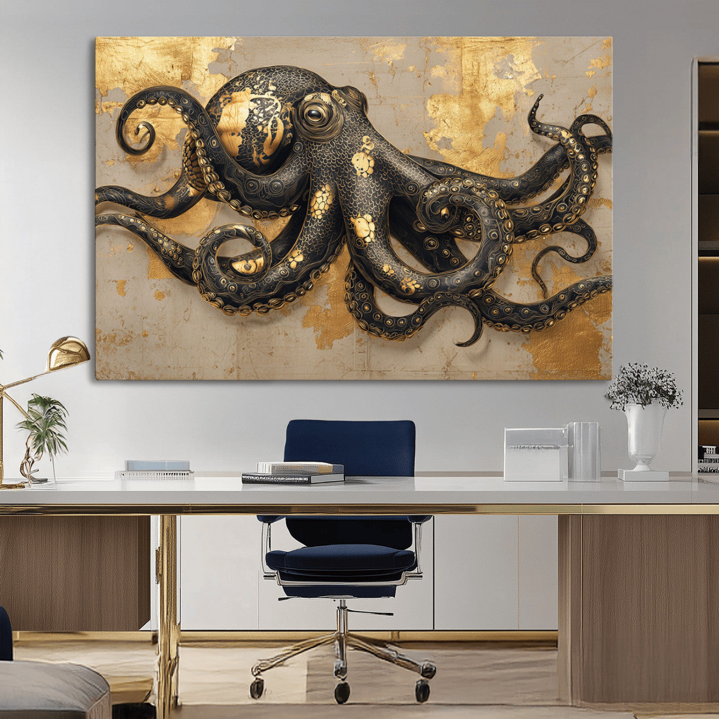 A stunning golden and black illustration of an octopus on a textured background with gold leaf accents, highlighting its intricate tentacles and unique design.