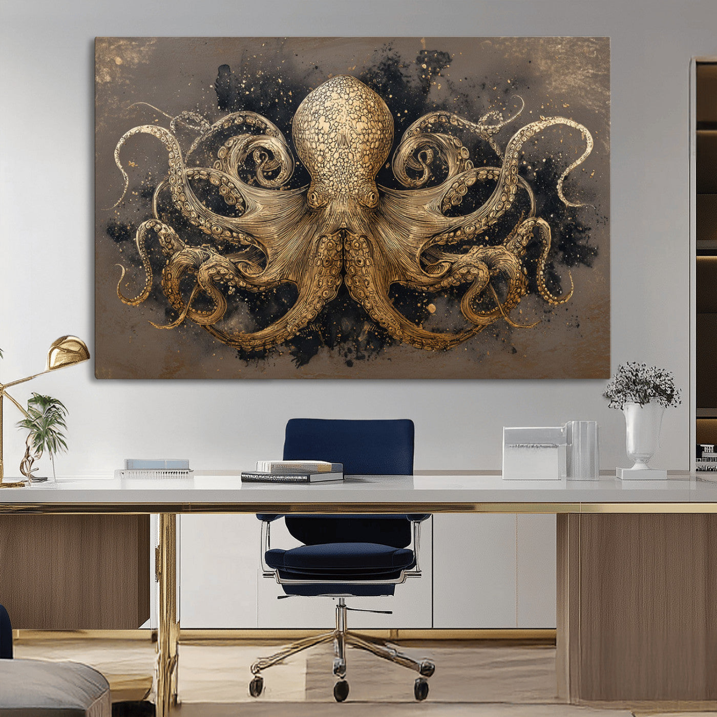 A beautifully detailed illustration of an octopus in gold ink on a textured dark background, with swirling tentacles and intricate patterns.