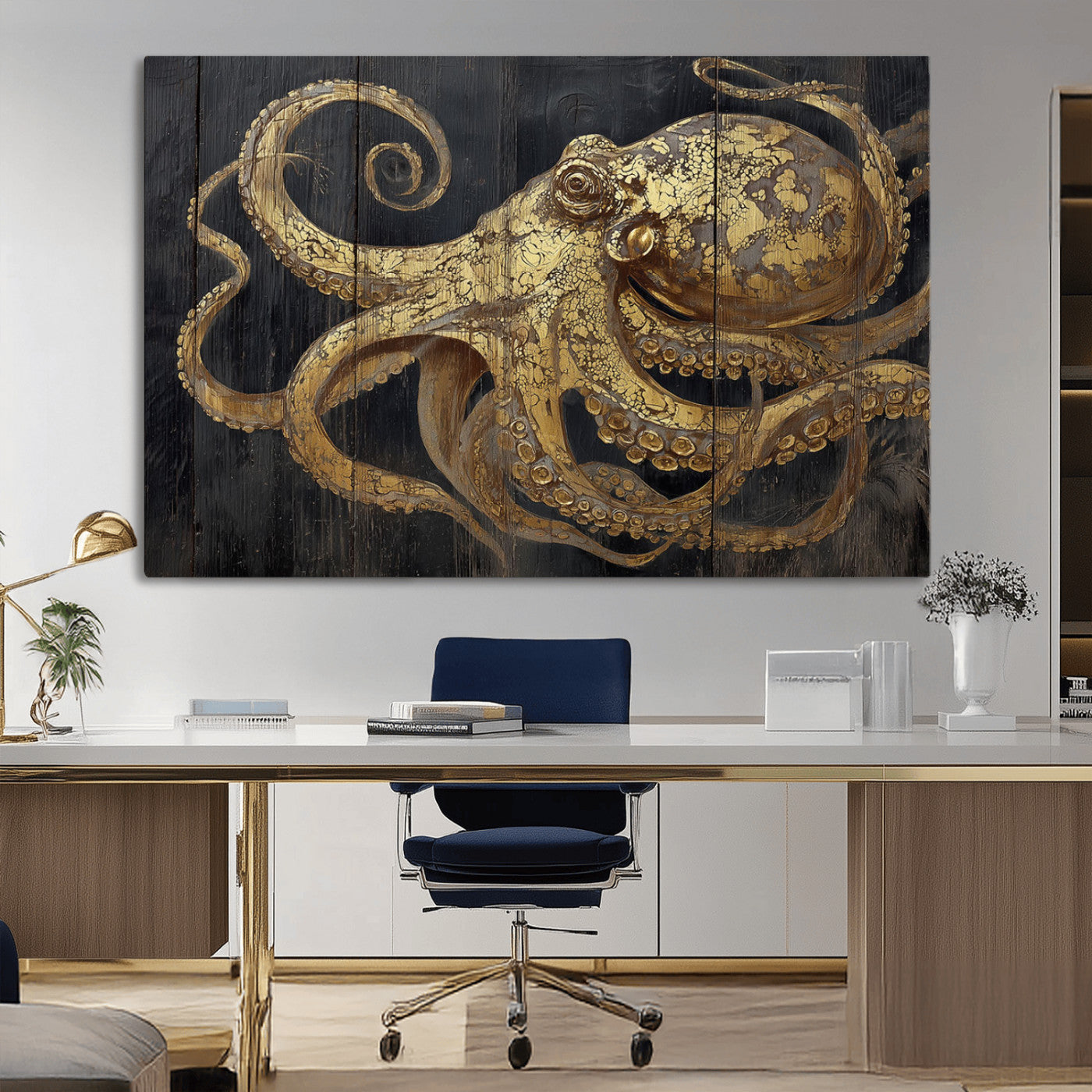 A detailed gold illustration of an octopus on black wooden planks, showing its intricate tentacles and textured skin in an artistic style.
