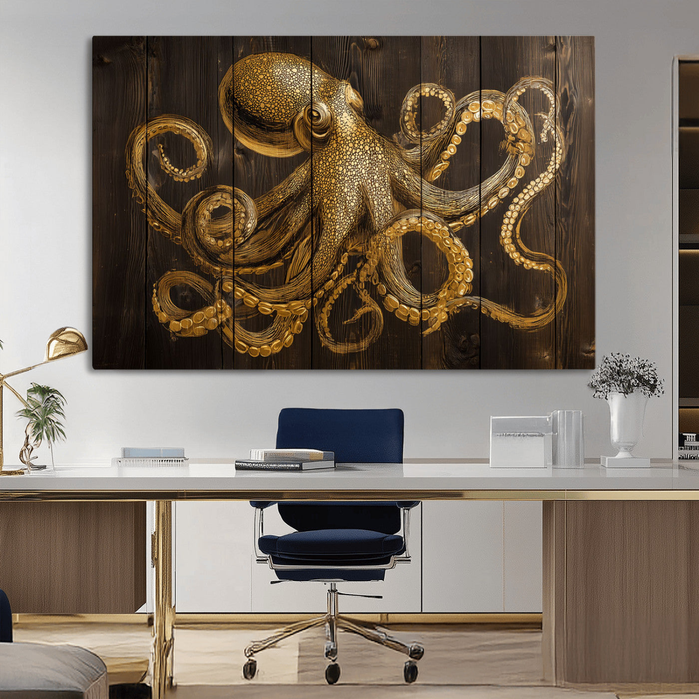 An artistic rendering of an octopus in gold ink on wooden planks, showcasing intricate details of its tentacles and textured skin.