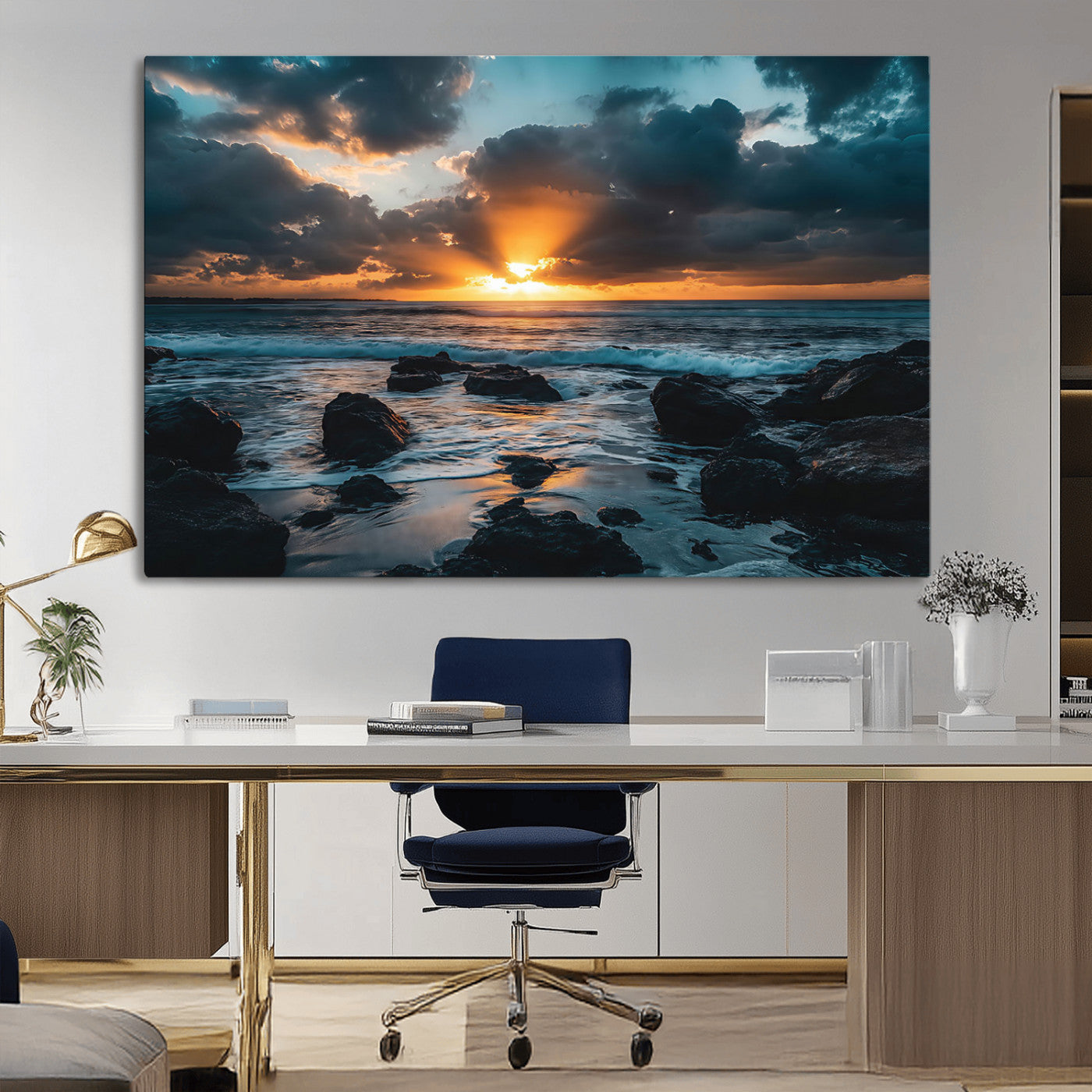 An awe-inspiring sunset over the ocean with rays of light piercing through dramatic clouds, creating a beautiful seascape with rocks in the foreground.
