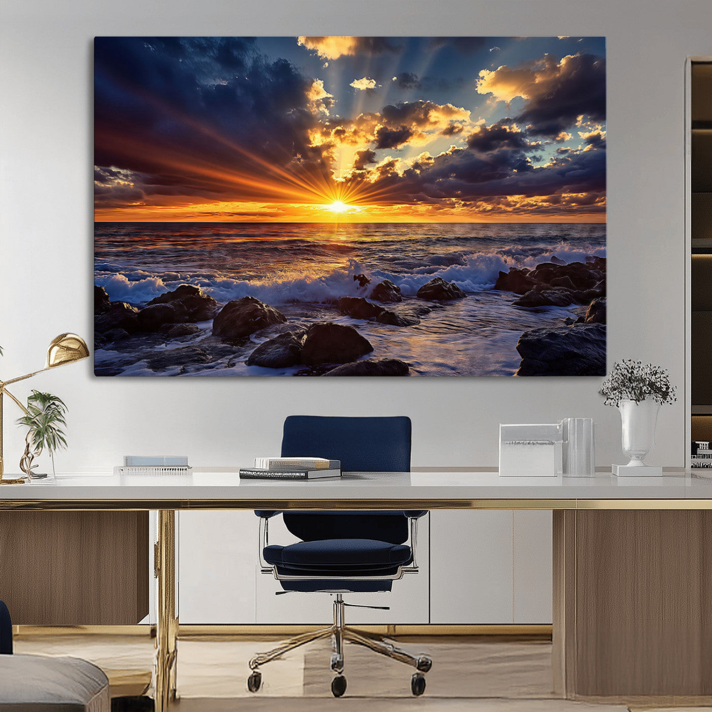 An explosive sunset over the ocean with dramatic clouds and rays of sunlight reflecting off the water, creating a vibrant and captivating view.