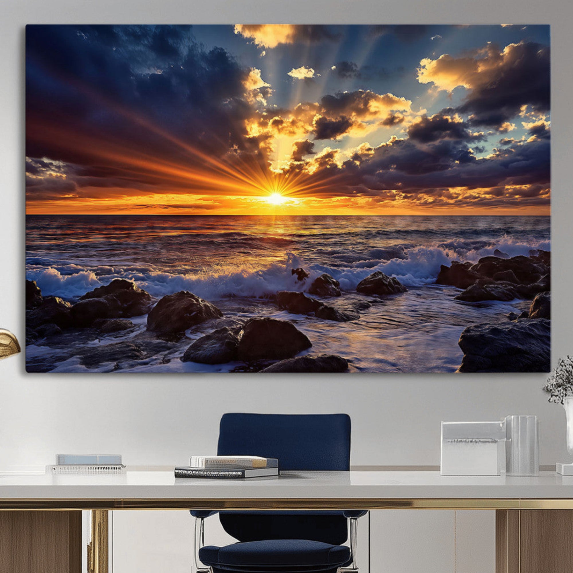 35900590-MGV-CV-36X24-Sunset Ocean Wall Art Canvas Print – Waves Rocky Shore Dramatic Sky Sun Rays Golden Light Nature Artwork for Home Office