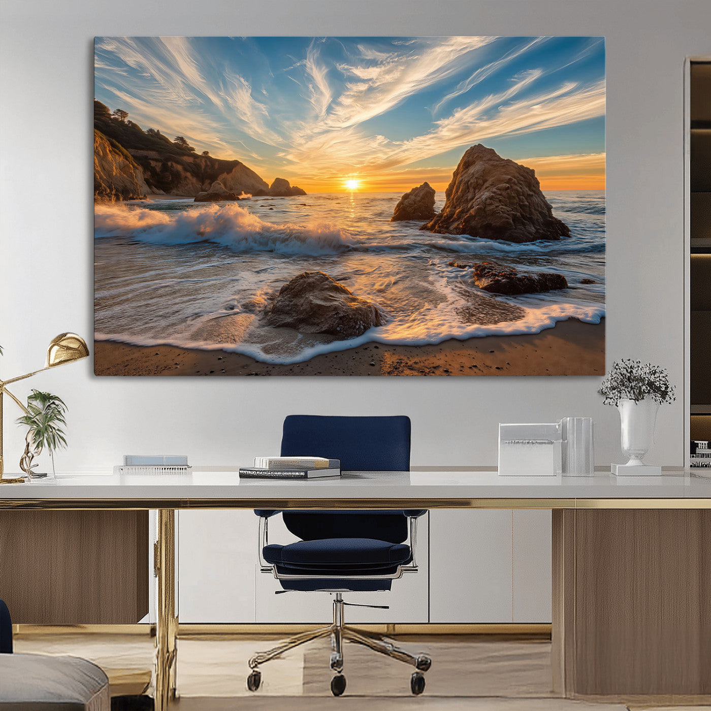 Rocky Ocean Sunset Wall Art Print, Seaside Canvas Wall Art, Dramatic Seascape Canvas Print for Coastal Modern Decor, Ocean Sunset Art Printing