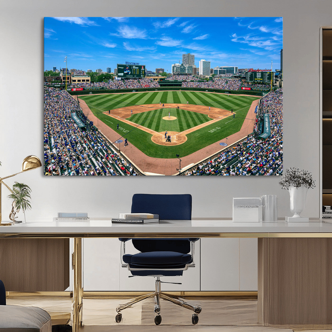 Wrigley Field Baseball Stadium Canvas Wall Art, Packed Crowd Sports Stadium Print, City Skyline Baseball Field Canvas for Game Room Decor