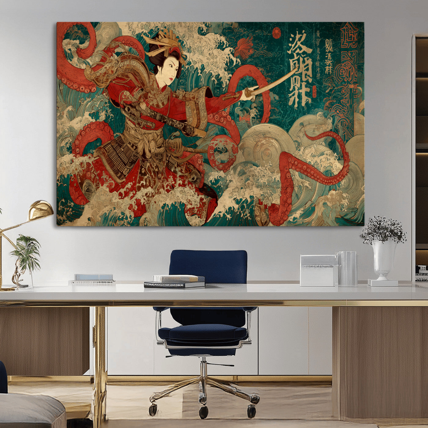 MGV-CV-36X24 - Tsukioka Yoshitoshi Samurai Wall Art Print, Japanese Katana Warrior Canvas Wall Art, Octopus Sea Monster Canvas Print,