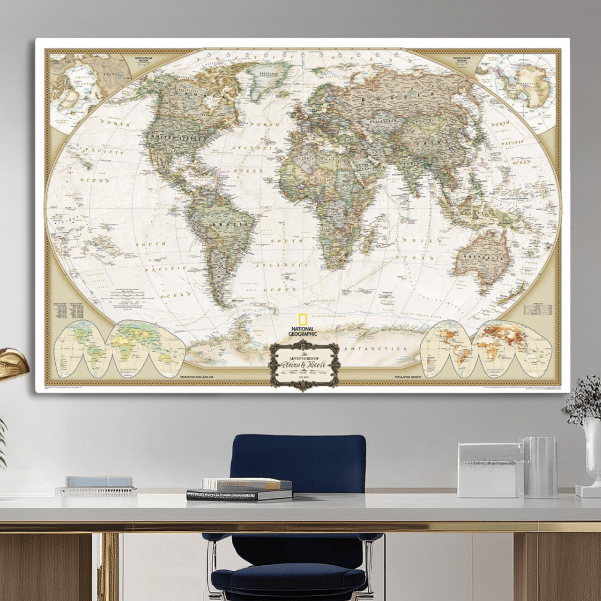 62071694-MGV-CV-36X24-Vintage World Map Wall Art Canvas Print, Classic Global Atlas with Antique Details Artwork for Home, Office
