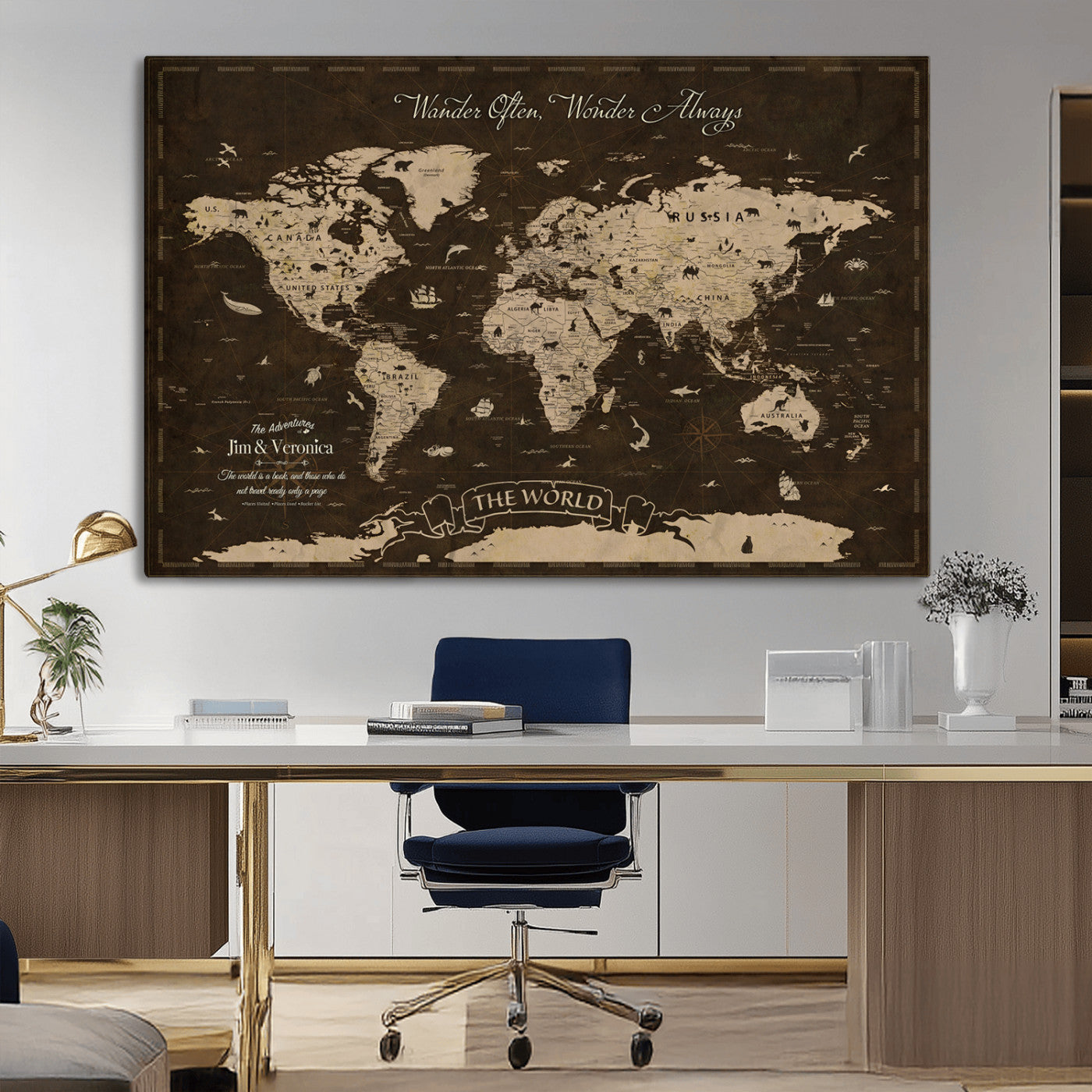 47004909-MGV-CV-36X24-Customize Push Pin World Map Wall Art Canvas Print – Personalized Map for Kids Room – Framed Custom Animal Map for Stady Room Decor