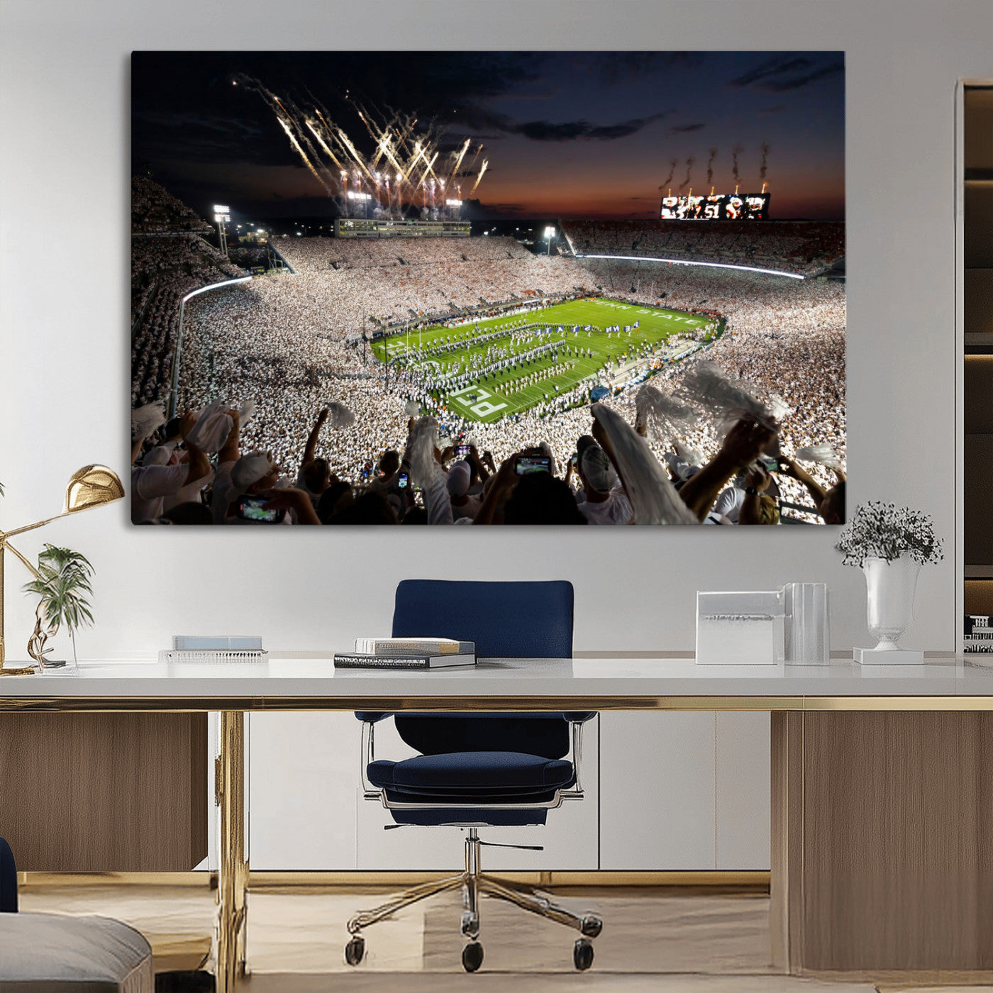 Penn State Stadium Wall Art Print, White Out Football Game Canvas Wall Art, Framed Sports Stadium, Large College Football Canvas Print for Game Room - Man Cave + 555