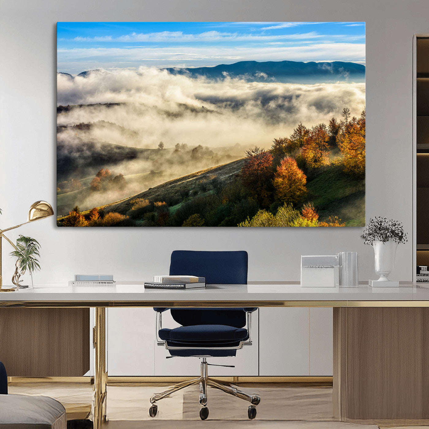 21551192-MGV-CV-36X24-Misty Autumn Hills Canvas Wall Art, Foggy Forest Landscape, Fall Foliage Beauty, Serene Mountain View, Cozy Home Decor, Office Tranquility, Nature Calm Print
