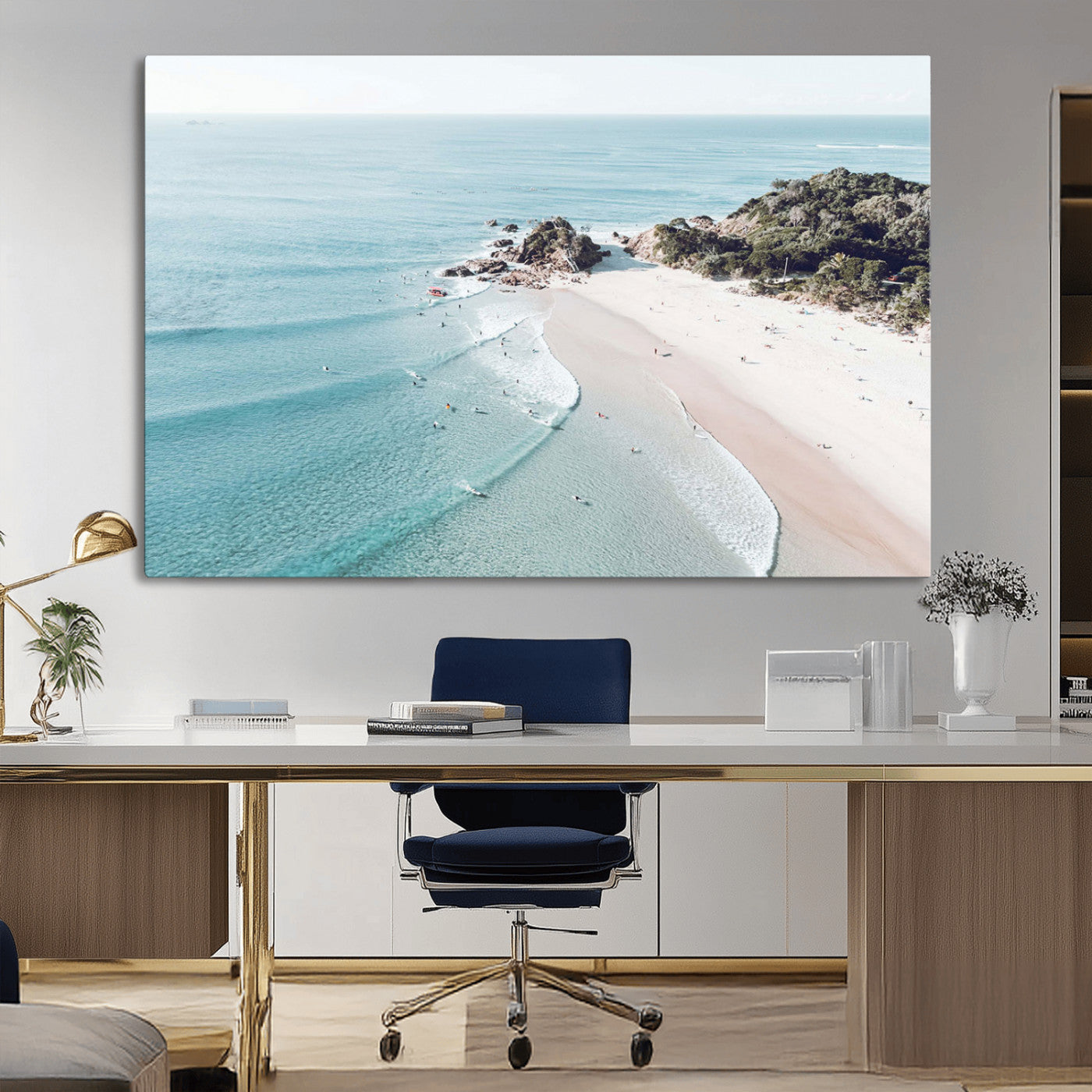79395467-MGV-CV-36X24-Aerial Beach Canvas Wall Art Print, Coastal Ocean Waves and Surfers, Large Scenic Seaside Canvas for Home or Office 1 Panel Wrapped Canvas