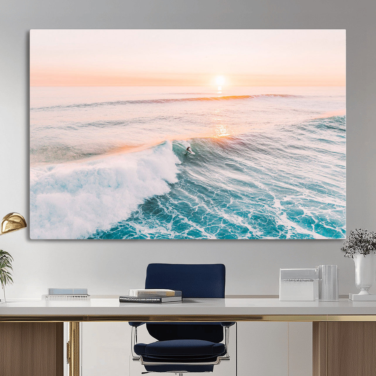 34064591-MGV-CV-36X24 - Sunset Surfing Wall Art Canvas Print, Ocean Wave Surfer with Golden Sky Artwork for Home, Office, Living Room