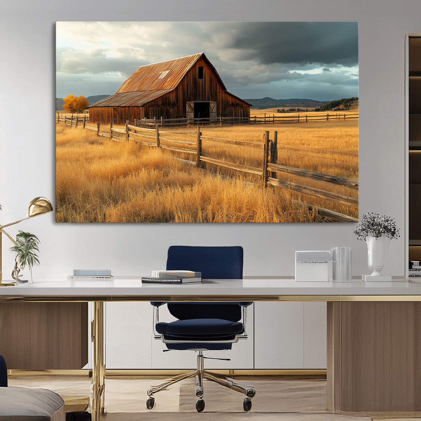 "Golden fields surrounding a rustic barn with a weathered roof, a wooden fence, and dramatic skies with sunlight breaking through the clouds."