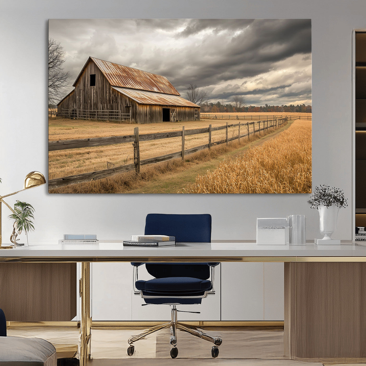 "Rustic barn with a weathered metal roof, surrounded by a wooden fence and golden fields under an overcast sky with dramatic clouds."
