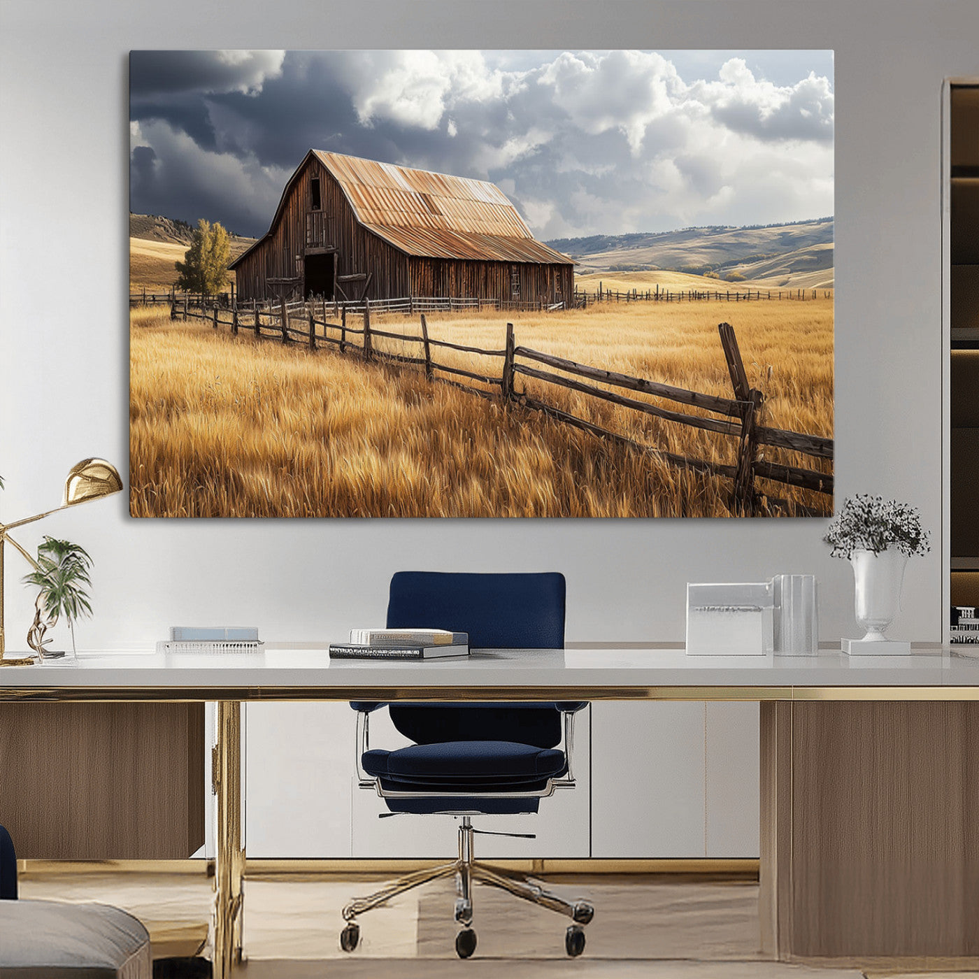 "Rustic barn surrounded by golden fields, a wooden fence, and dramatic storm clouds in the sky, capturing a serene countryside landscape."