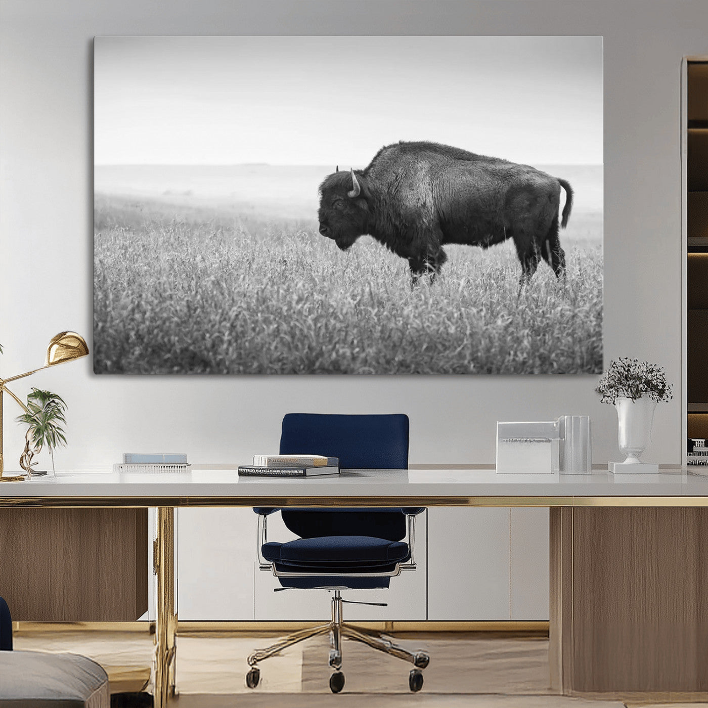 "Black and white image of a bison grazing in a vast field under an overcast sky."