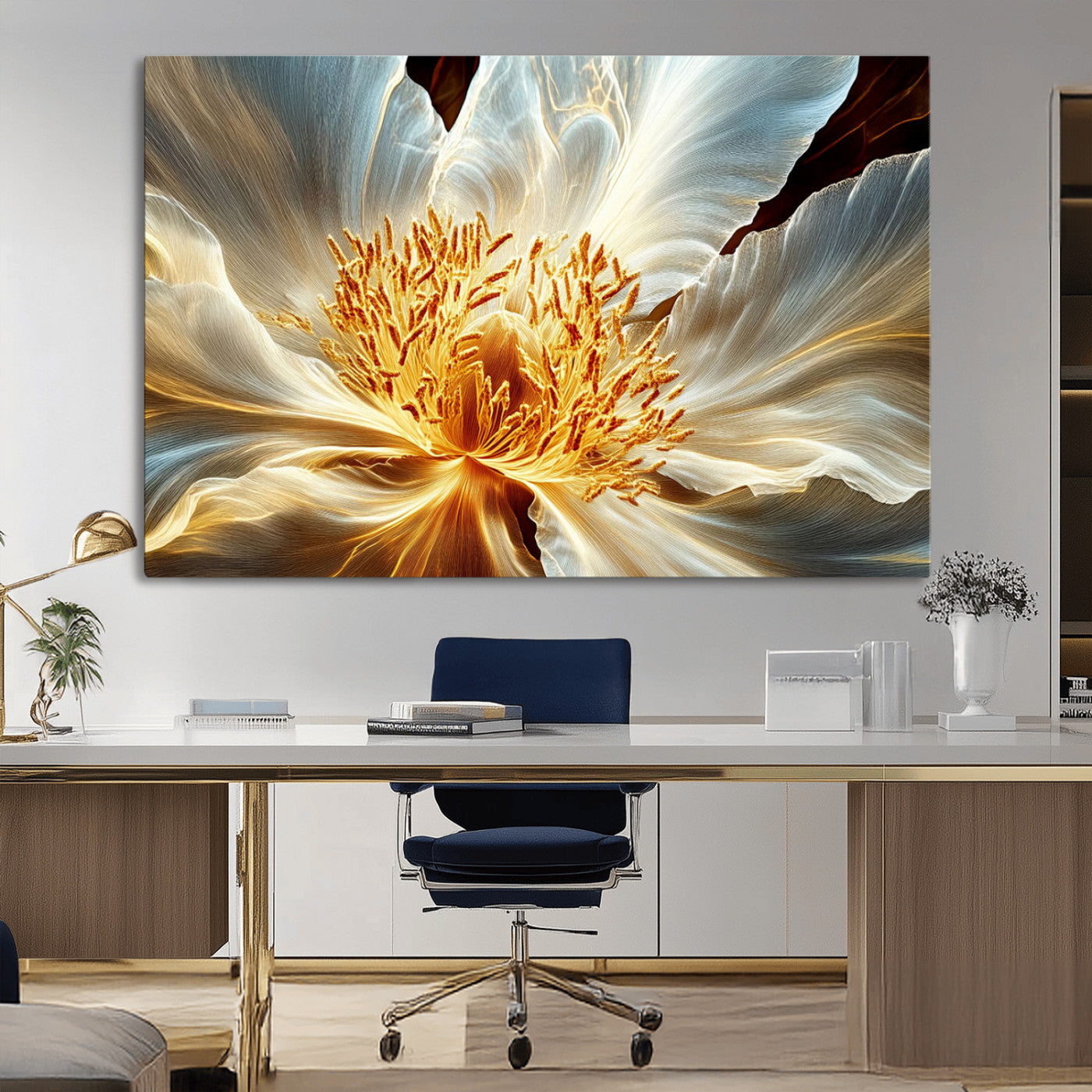 "Close-up of a glowing, abstract flower with delicate white petals and vibrant golden-yellow stamen against a dark background."