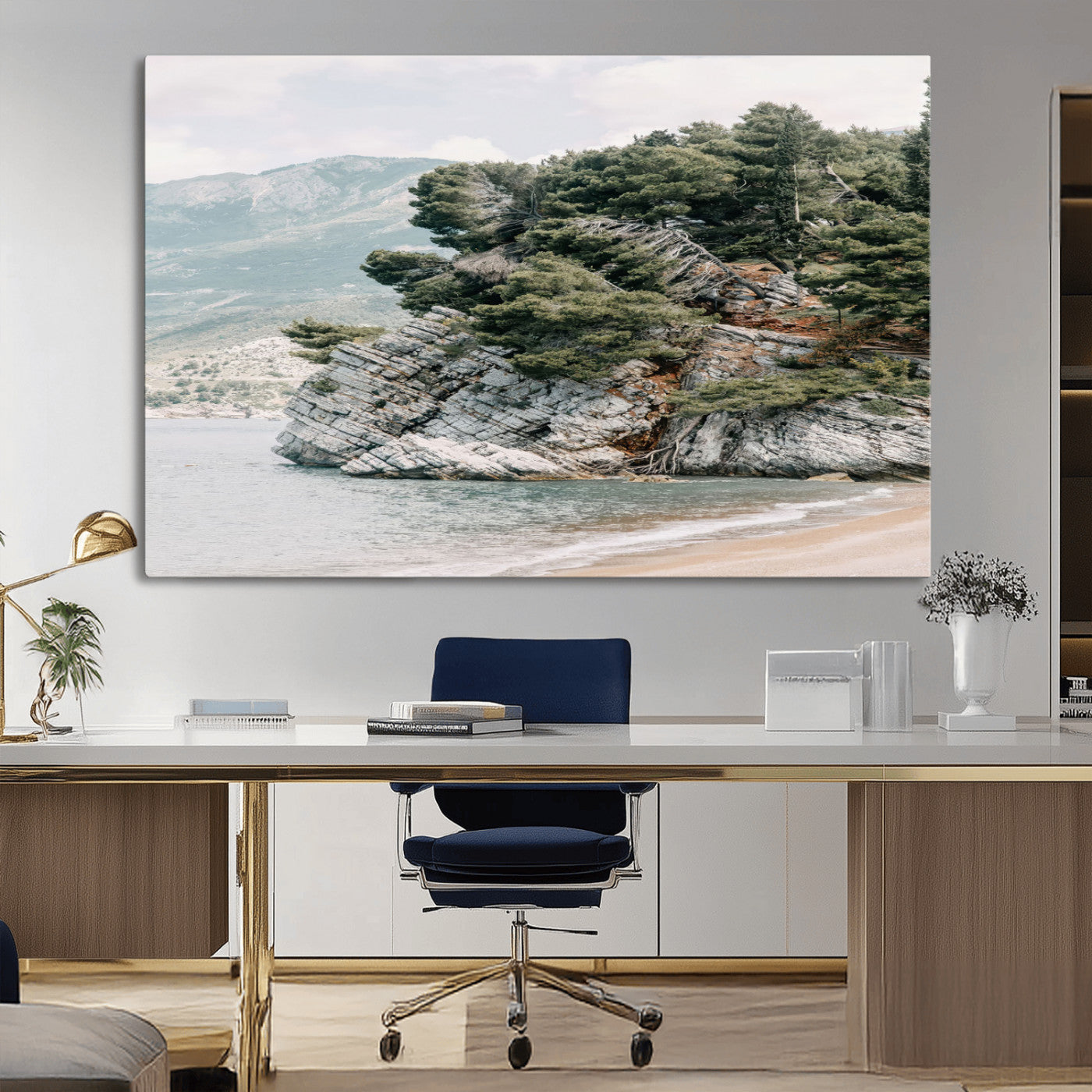 MGV-CV-36X24 - Coastal Rock Canvas Wall Art Print, Scenic Beach Landscape, Pine Trees on Rocky Cliff, Large Nature