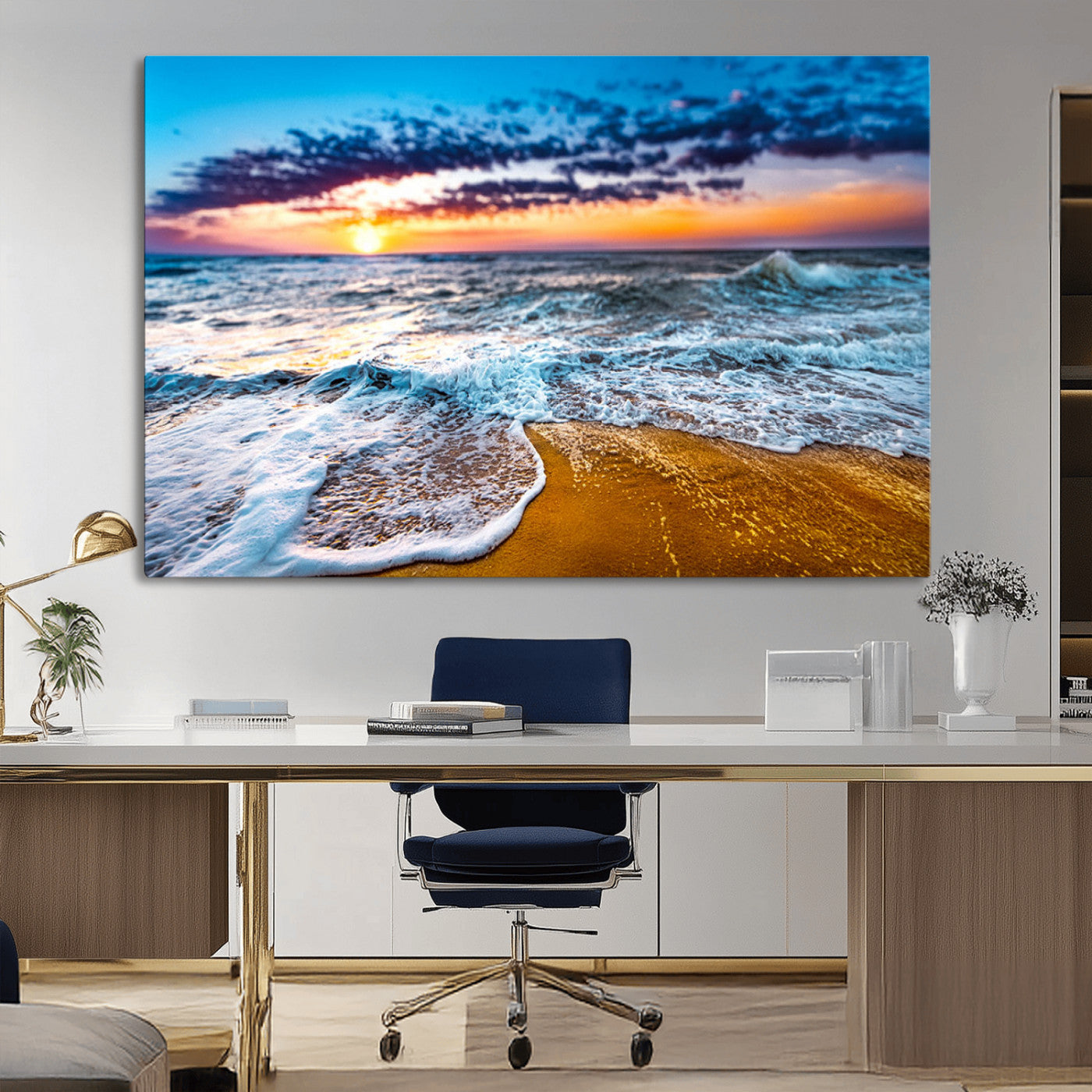 Beautiful ocean shoreline at sunset with foamy waves washing onto golden sand under a colorful sky – Wall Art Canvas Print.