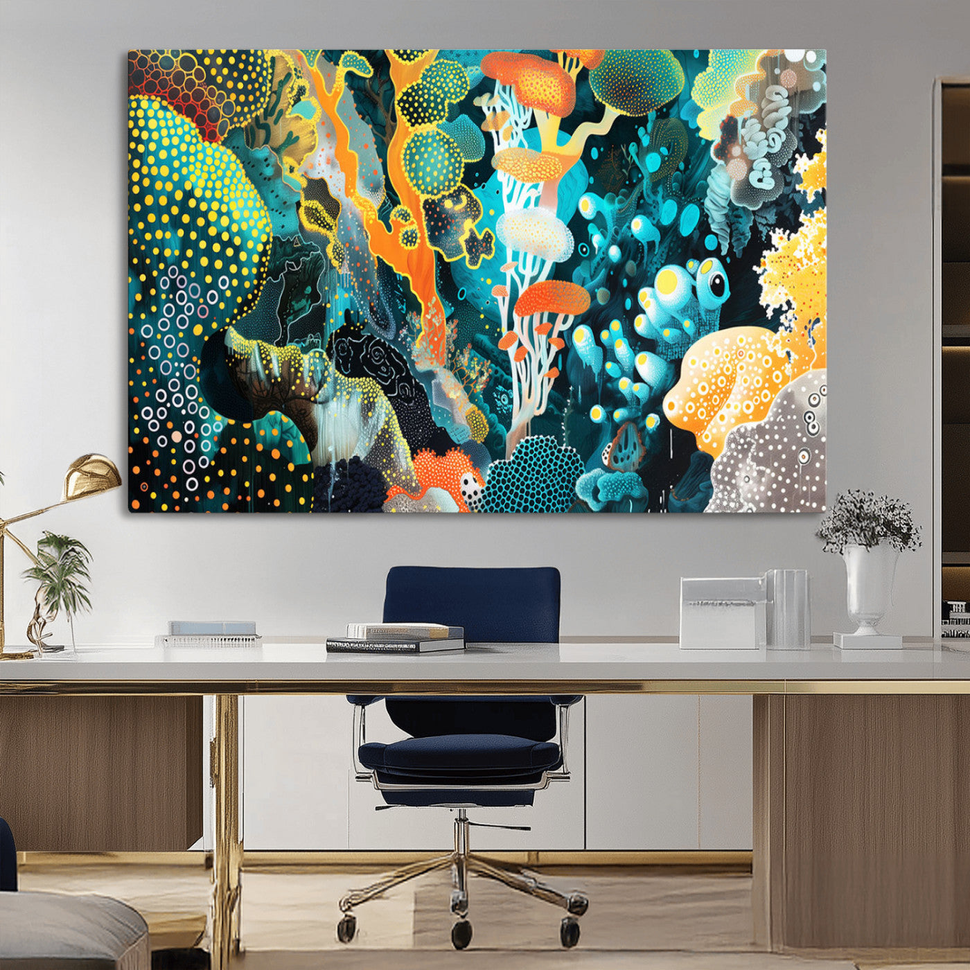 Colorful abstract coral reef scene featuring vibrant underwater plants, marine patterns, and fluid organic shapes – Wall Art Canvas Print.