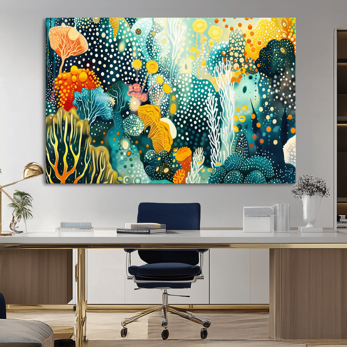 Abstract underwater coral reef illustration with vibrant colors, dotted textures, and stylized marine flora – Wall Art Canvas Print.