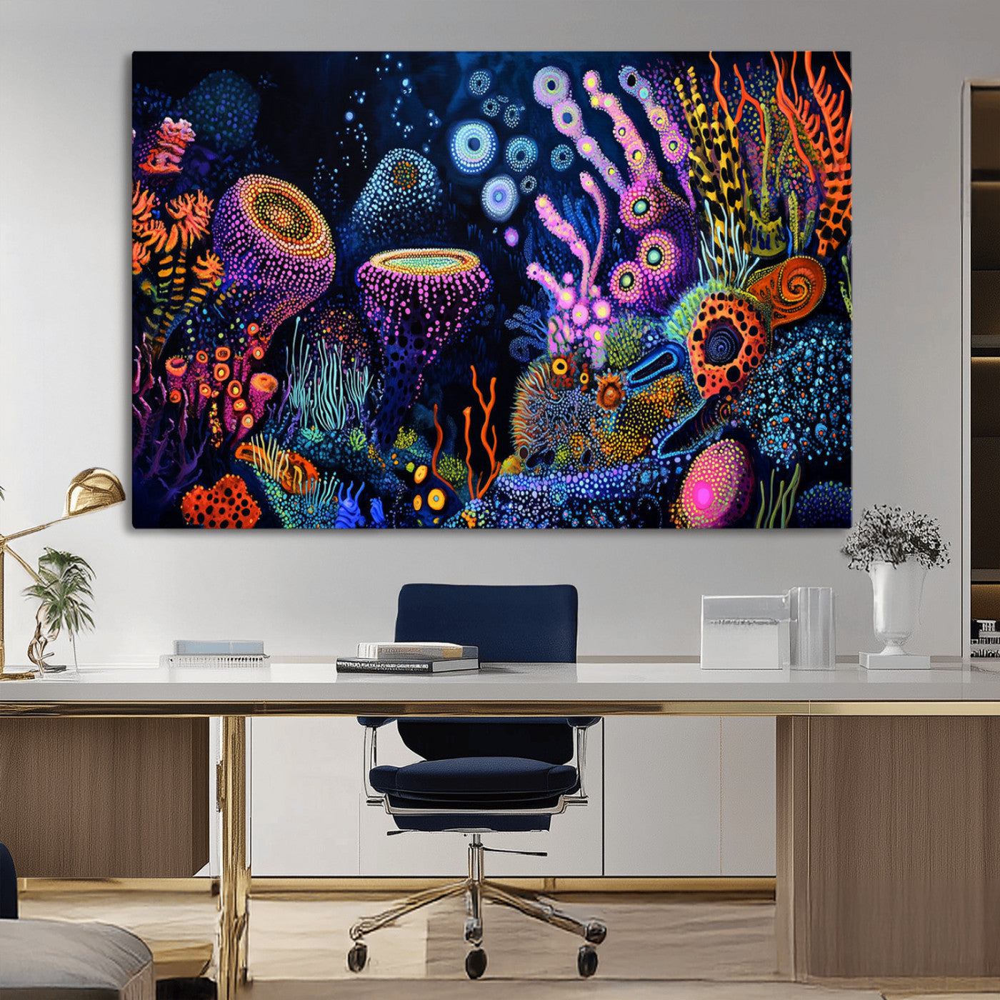 Vibrant and colorful abstract underwater coral reef artwork with diverse shapes and glowing patterns – Wall Art Canvas Print.