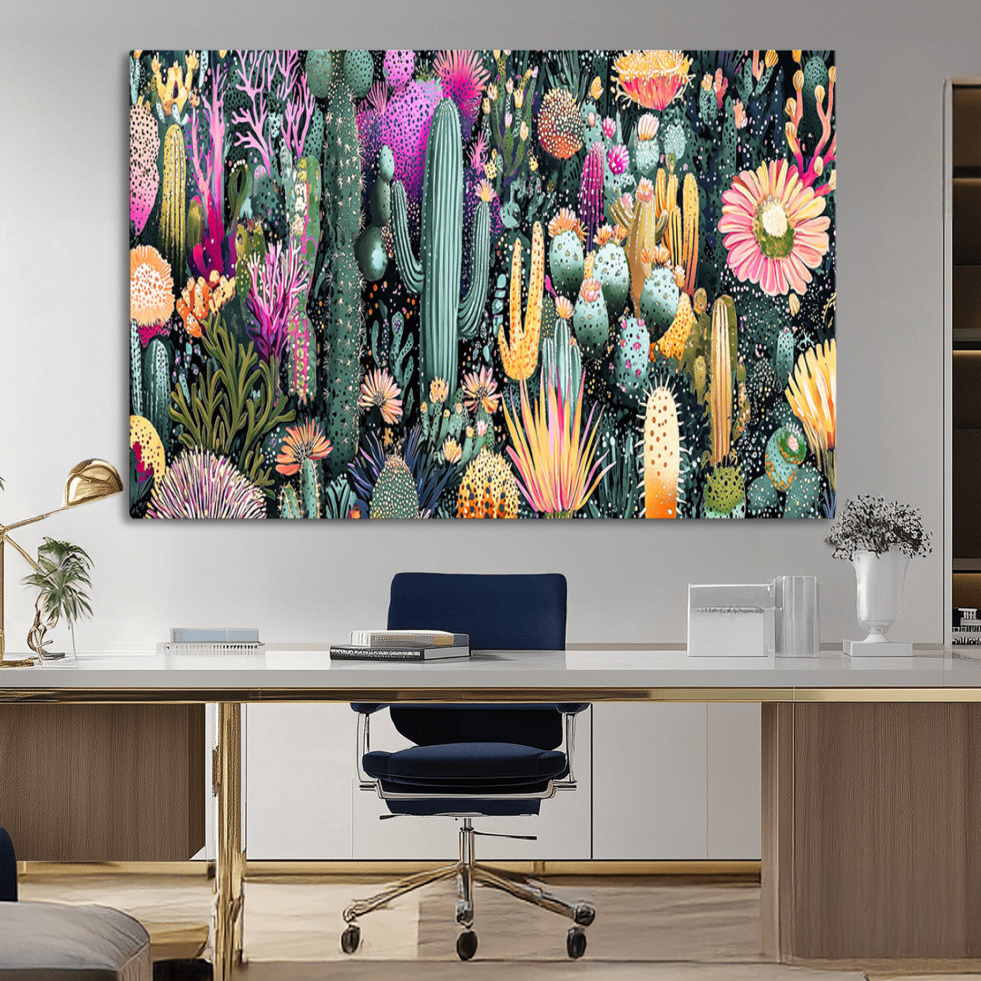 Colorful and detailed painting of various cacti and desert flowers in vibrant hues on a dark background – Wall Art Canvas Print.