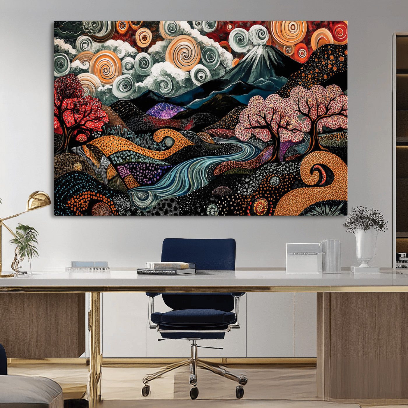 Vibrant abstract landscape painting featuring swirling clouds, colorful trees, flowing river, and textured hills under a mountain – Wall Art Canvas Print.