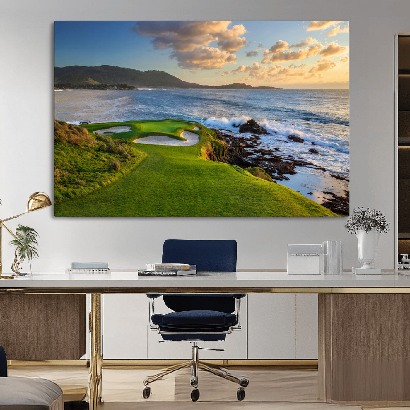 MGV-CV-36X24 - Stunning Coastal Golf Course at Sunset with Rolling Green Fairways and Ocean Waves – Perfect Wall
