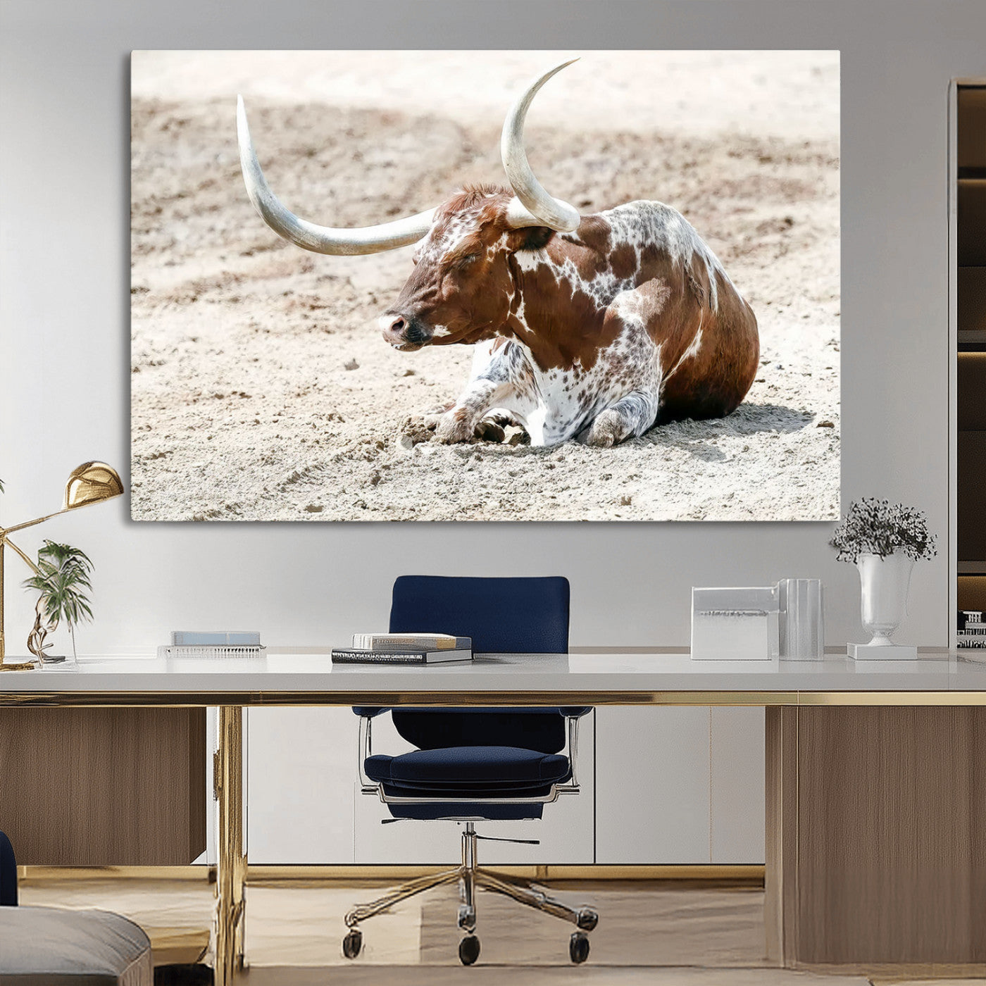MGV-CV-36X24 - Majestic Longhorn Resting on Sunlit Desert Ground – Striking Western-Themed Wall Art Canvas Print
