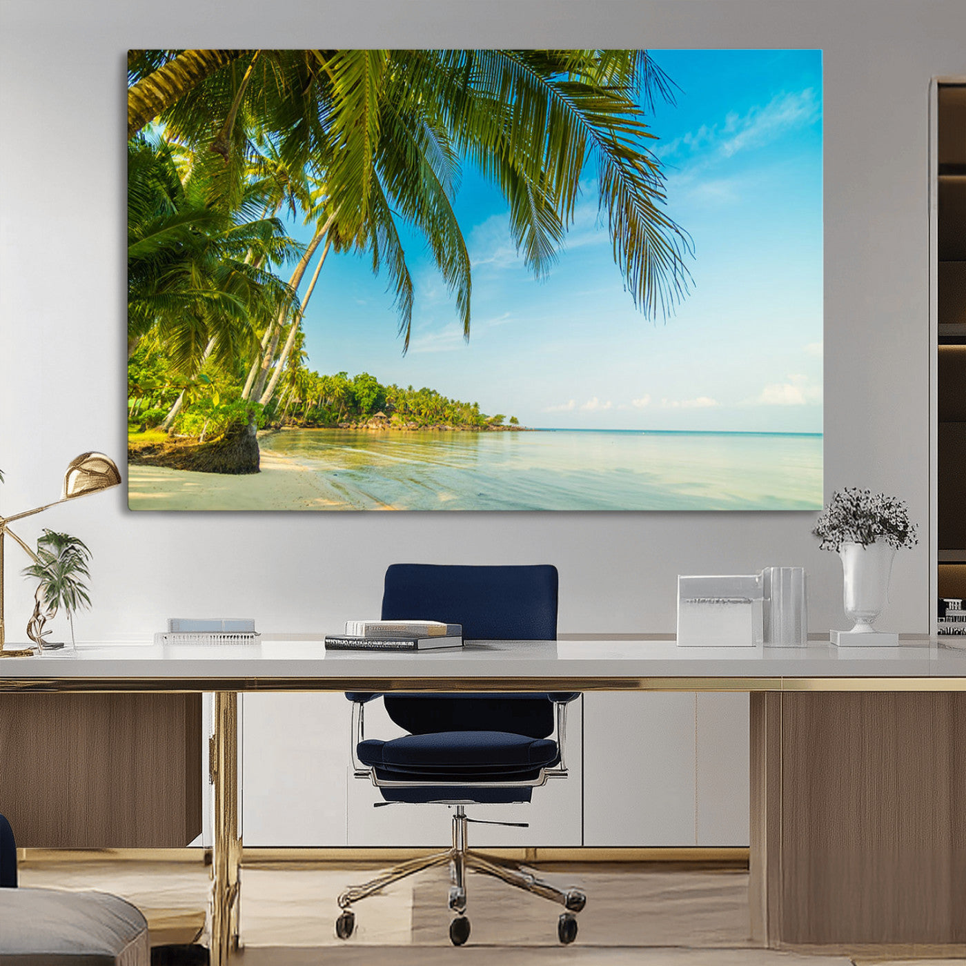 MGV-CV-36X24 - Peaceful Tropical Beach with Palm Trees and Calm Blue Sea – Serene Coastal Wall Art Canvas Print for